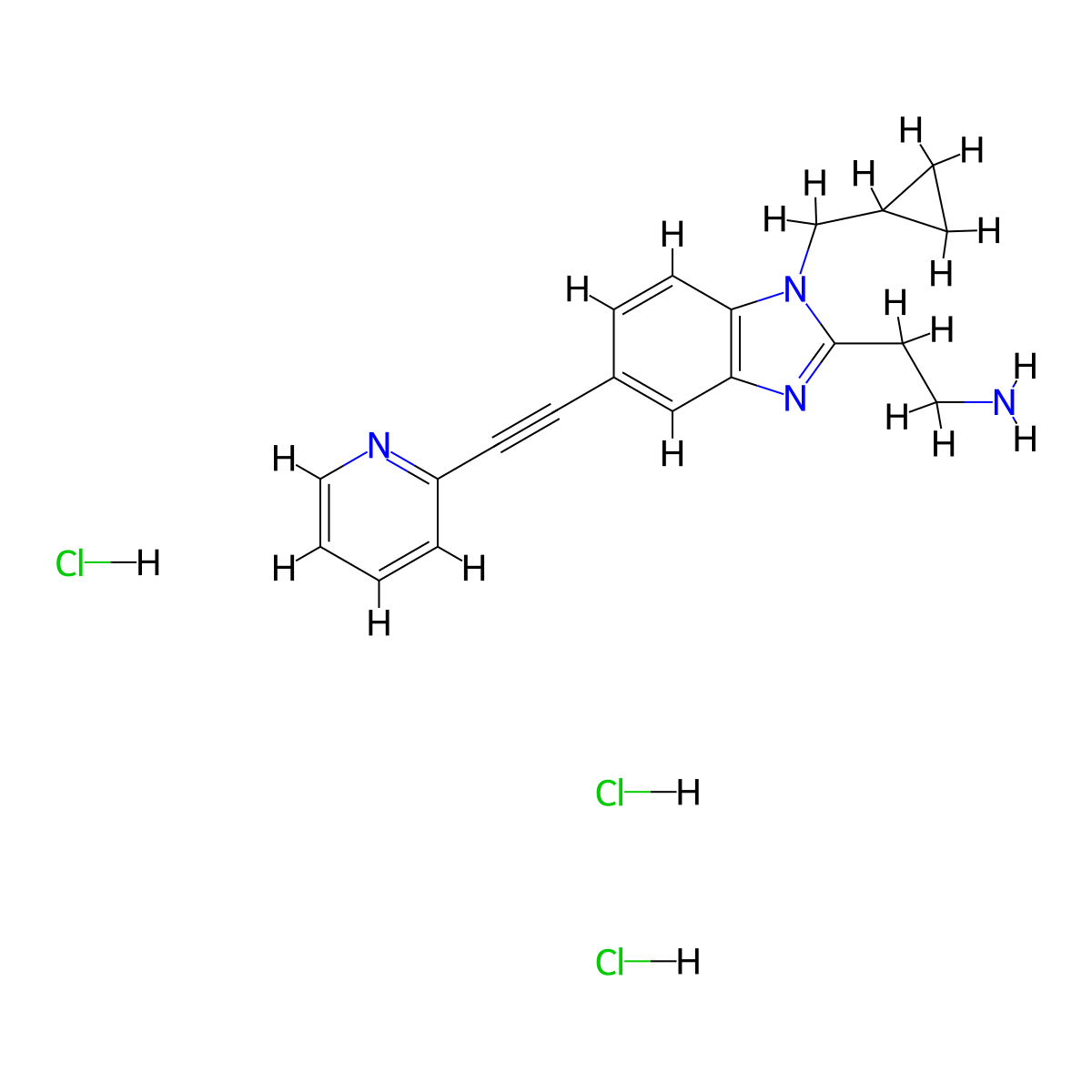 2-[1-(cyclopropylmethyl)-5-[2-(pyridin-2-yl)ethynyl]-1H-1,3-benzodiazol-2-yl]ethan-1-amine trihydrochloride molecular structure, CAS 2763749-50-2