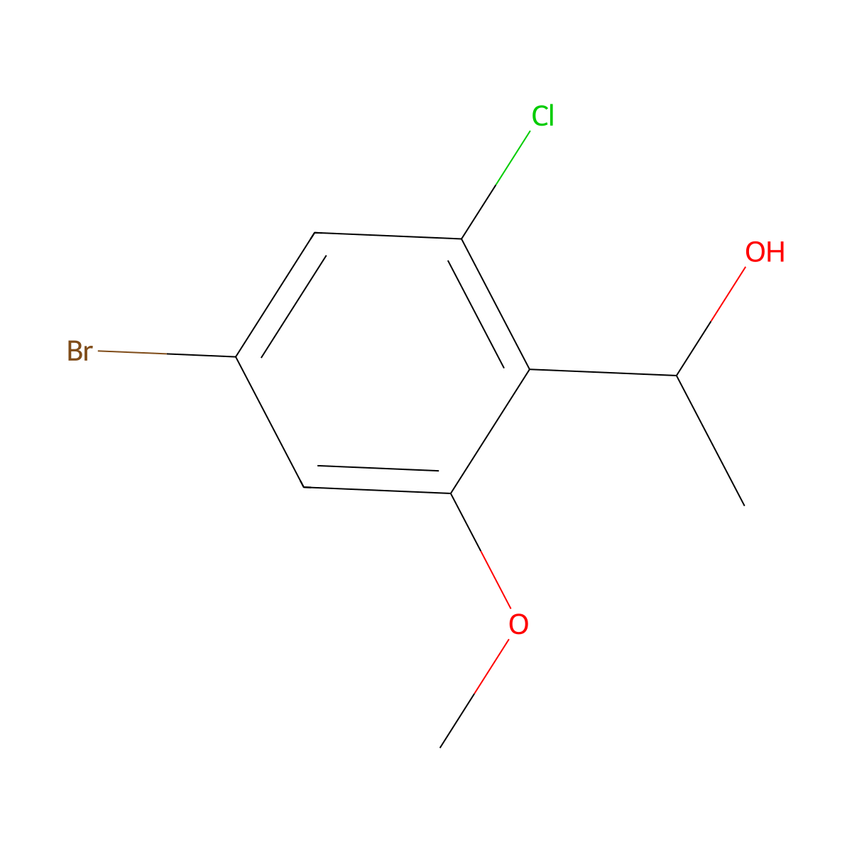 1-(4-Bromo-2-chloro-6-methoxyphenyl)ethan-1-ol molecular structure, CAS 2763749-75-1
