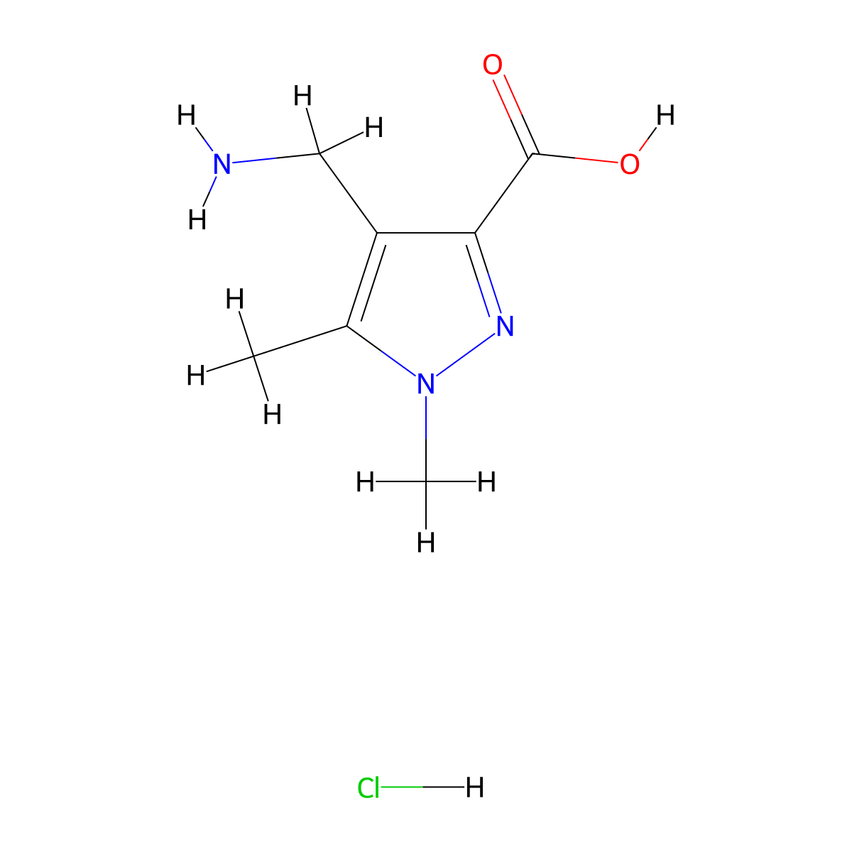 4-(aminomethyl)-1,5-dimethyl-1H-pyrazole-3-carboxylic acid hydrochloride molecular structure, CAS 2763750-36-1