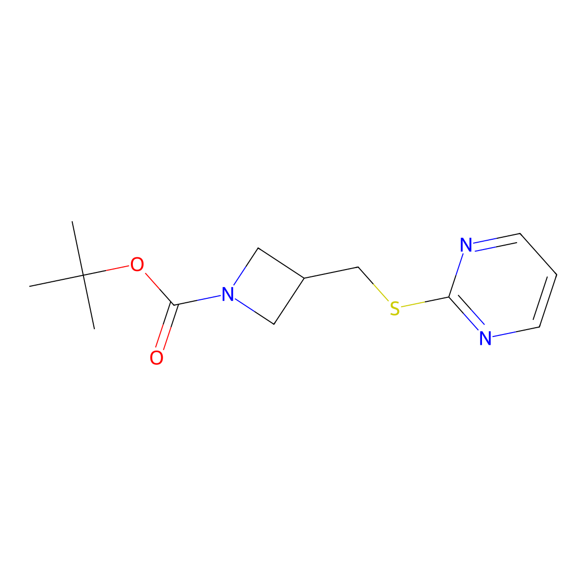 Tert-butyl 3-[(pyrimidin-2-ylsulfanyl)methyl]azetidine-1-carboxylate molecular structure, CAS 2763750-41-8