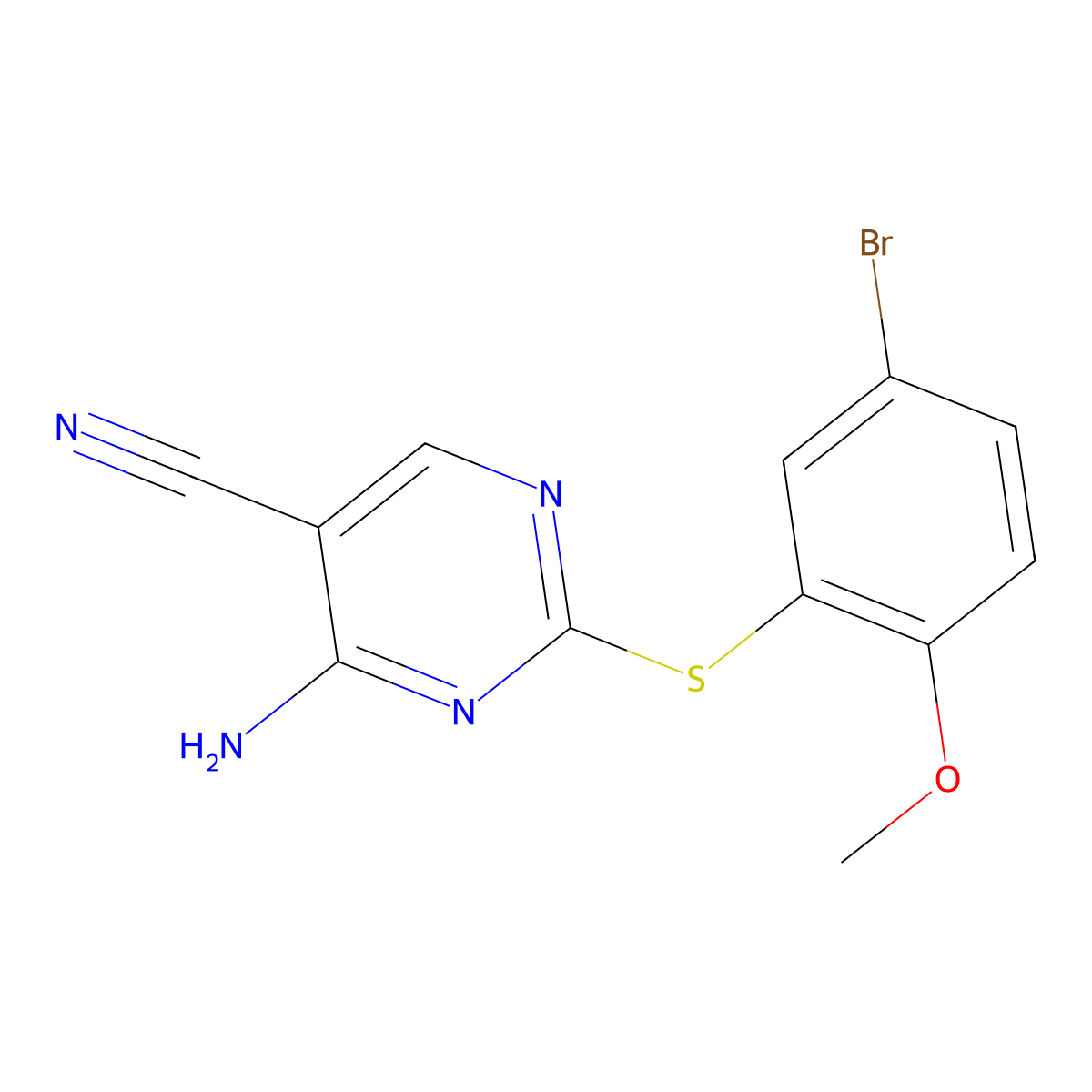 4-Amino-2-[(5-bromo-2-methoxyphenyl)sulfanyl]pyrimidine-5-carbonitrile molecular structure, CAS 2763755-97-9