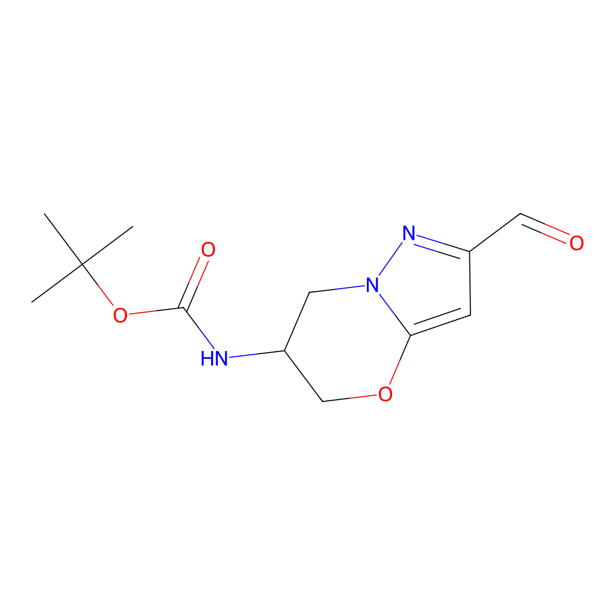tert-butyl N-{2-formyl-5H,6H,7H-pyrazolo[3,2-b][1,3]oxazin-6-yl}carbamate molecular structure, CAS 2763756-28-9