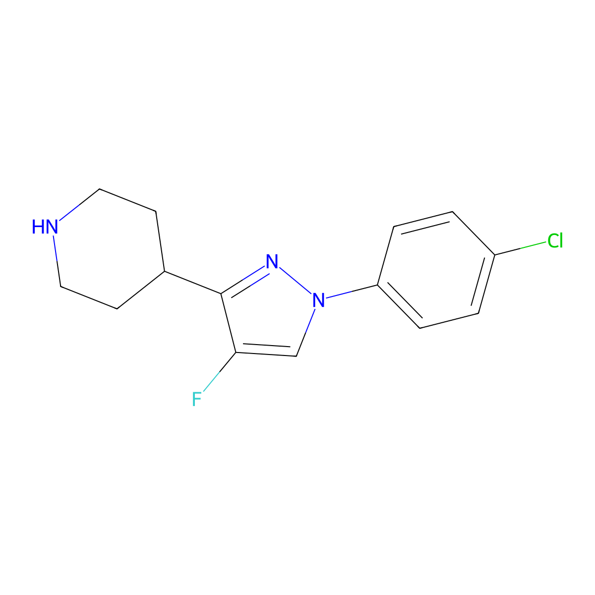 4-[1-(4-chlorophenyl)-4-fluoro-1H-pyrazol-3-yl]piperidine molecular structure, CAS 2763756-54-1