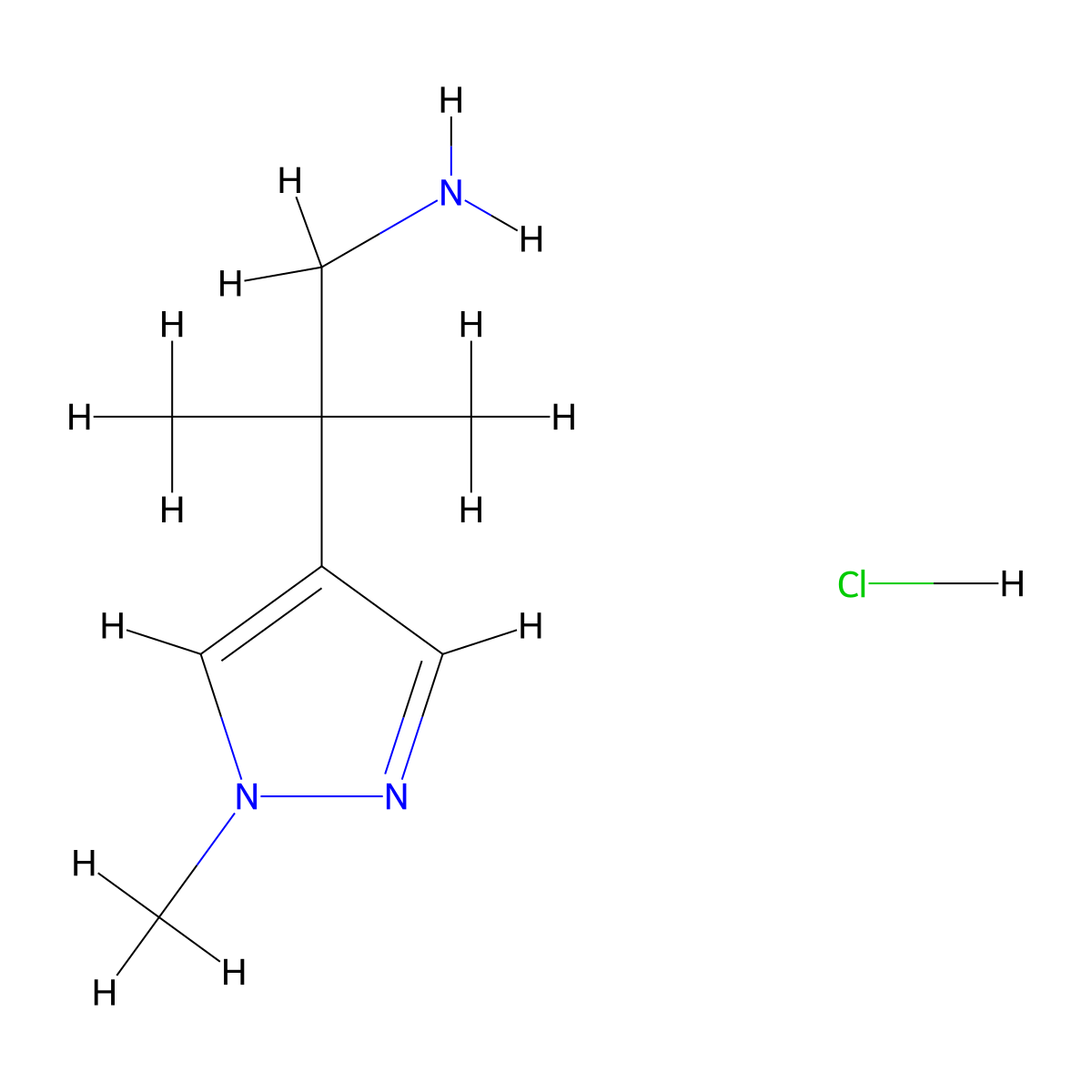 2-methyl-2-(1-methyl-1H-pyrazol-4-yl)propan-1-amine hydrochloride molecular structure, CAS 2763756-73-4