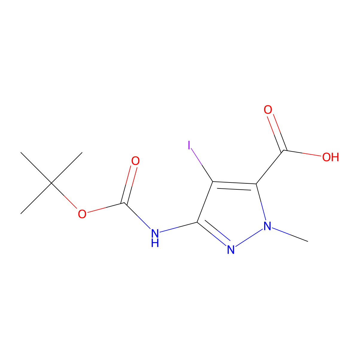 3-{[(tert-butoxy)carbonyl]amino}-4-iodo-1-methyl-1H-pyrazole-5-carboxylic acid molecular structure, CAS 2763758-45-6