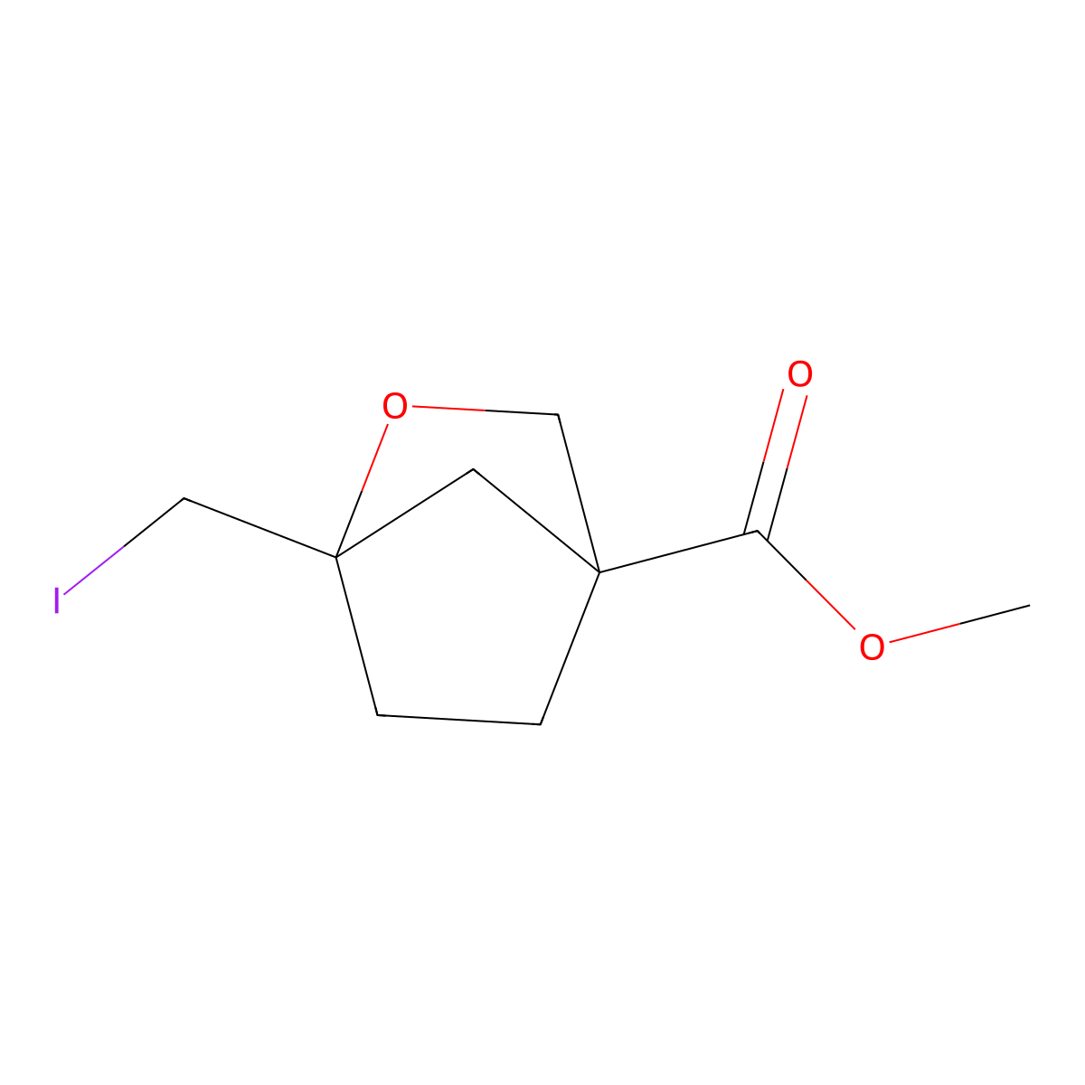 Methyl 1-(iodomethyl)-2-oxabicyclo(2.2.1)heptane-4-carboxylate molecular structure, CAS 2763758-65-0