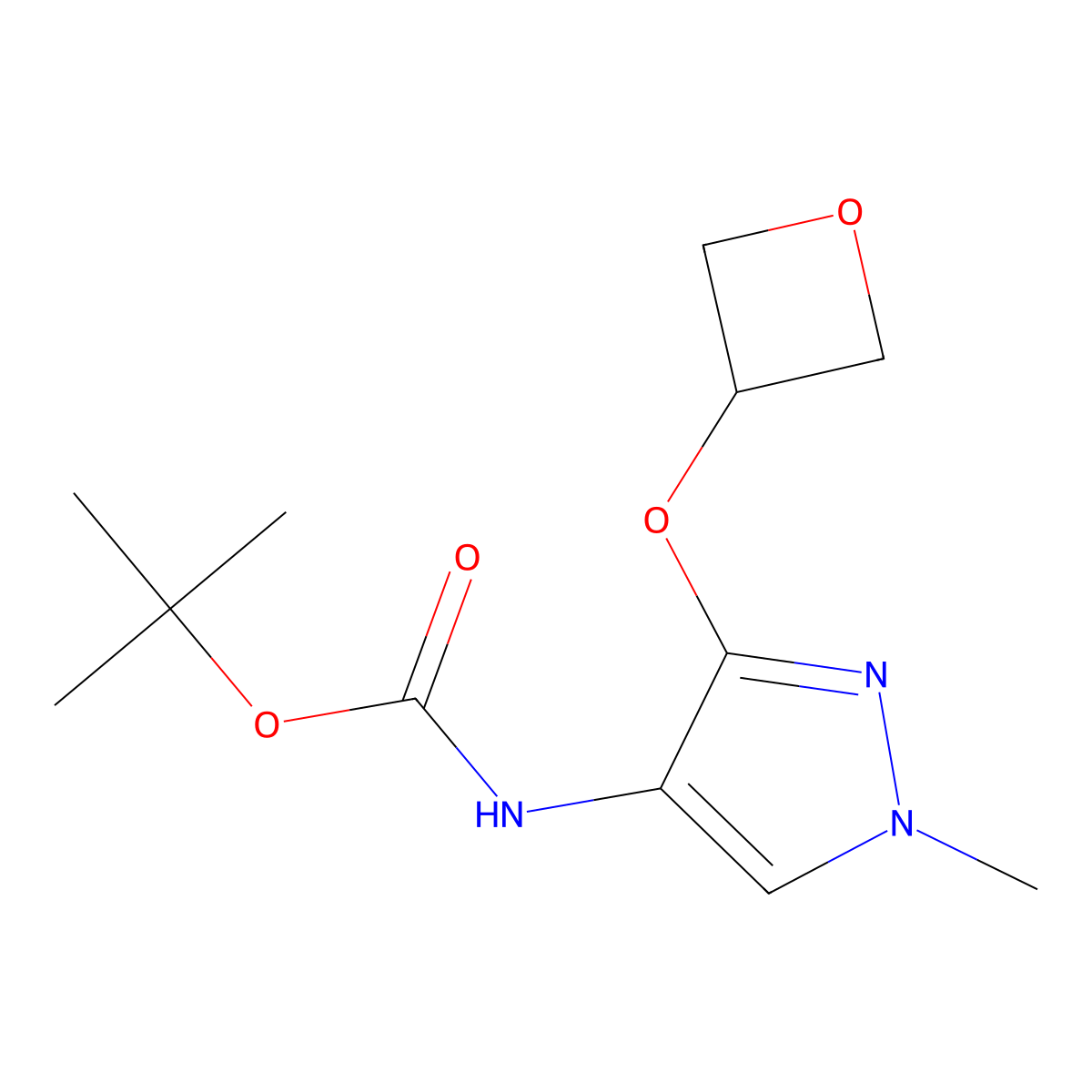 tert-butyl N-[1-methyl-3-(oxetan-3-yloxy)-1H-pyrazol-4-yl]carbamate molecular structure, CAS 2763760-20-7