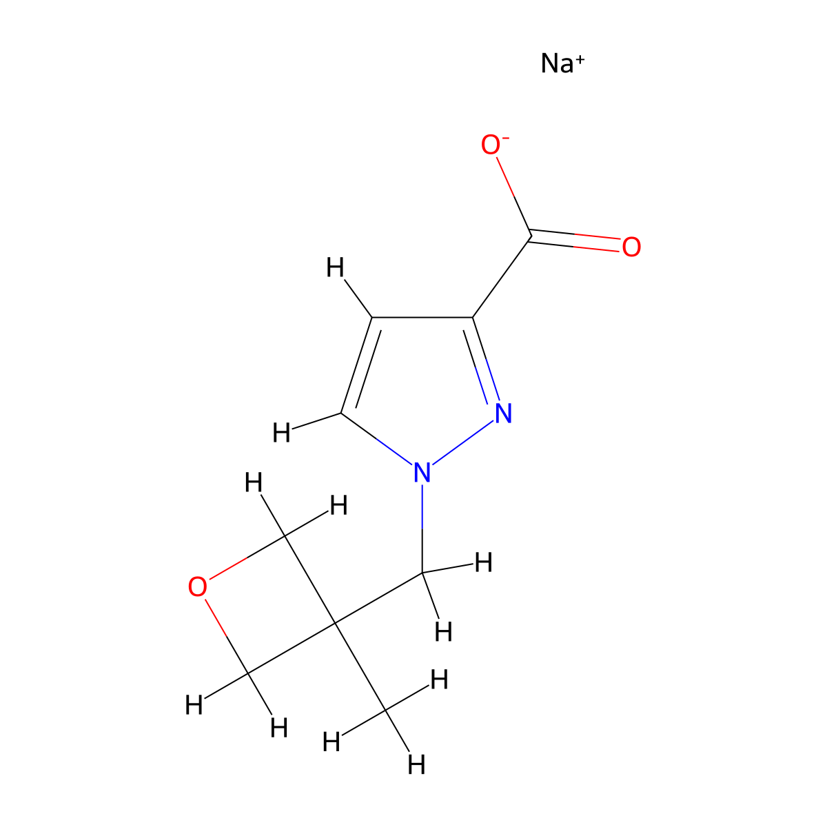 sodium 1-[(3-methyloxetan-3-yl)methyl]-1H-pyrazole-3-carboxylate molecular structure, CAS 2763760-35-4