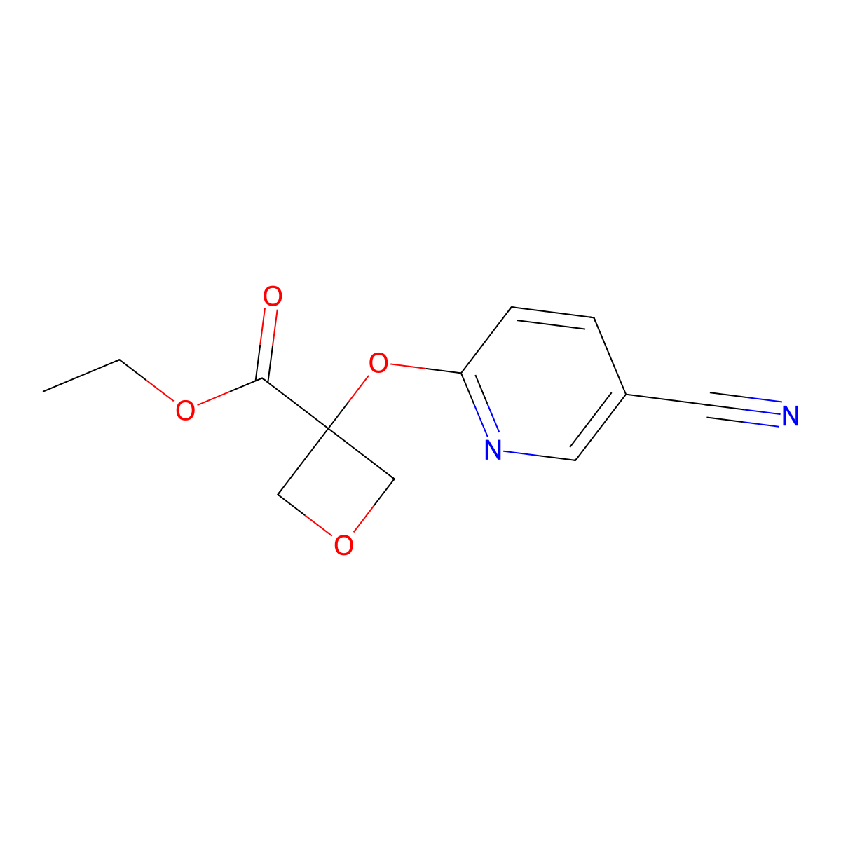 Ethyl 3-[(5-cyanopyridin-2-yl)oxy]oxetane-3-carboxylate molecular structure, CAS 2763776-02-7