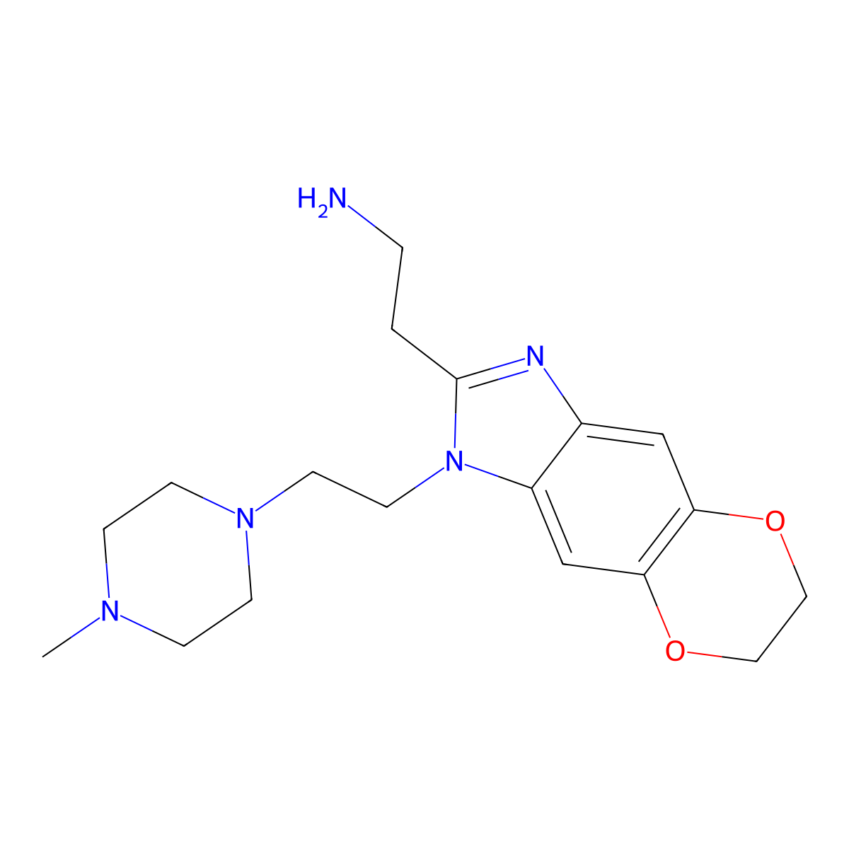 2-{6-[2-(4-Methylpiperazin-1-yl)ethyl]-10,13-dioxa-4,6-diazatricyclo[7.4.0.0,3,7]trideca-1(9),2,4,7-tetraen-5-yl}ethan-1-amine molecular structure, CAS 2763776-07-2