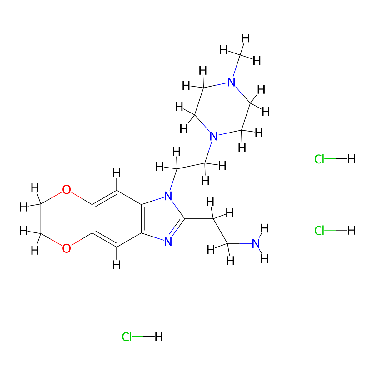 2-{6-[2-(4-Methylpiperazin-1-yl)ethyl]-10,13-dioxa-4,6-diazatricyclo[7.4.0.0,3,7]trideca-1(9),2,4,7-tetraen-5-yl}ethan-1-amine trihydrochloride molecular structure, CAS 2763776-08-3
