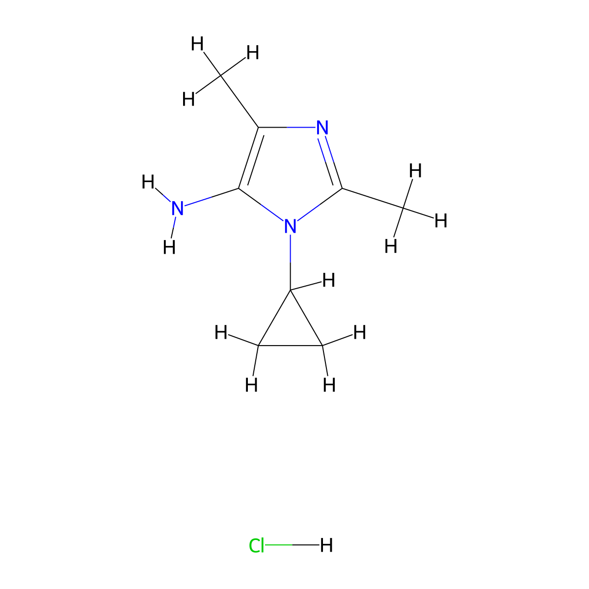1-cyclopropyl-2,4-dimethyl-1H-imidazol-5-amine hydrochloride molecular structure, CAS 2763776-57-2