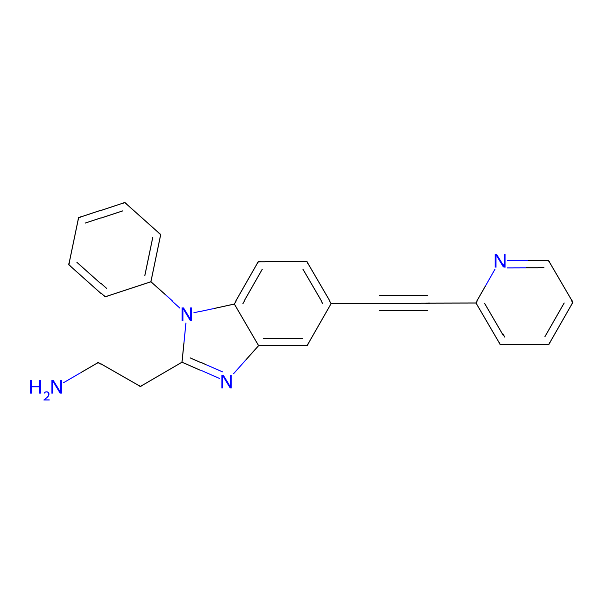 2-{1-phenyl-5-[2-(pyridin-2-yl)ethynyl]-1H-1,3-benzodiazol-2-yl}ethan-1-amine molecular structure, CAS 2763777-00-8