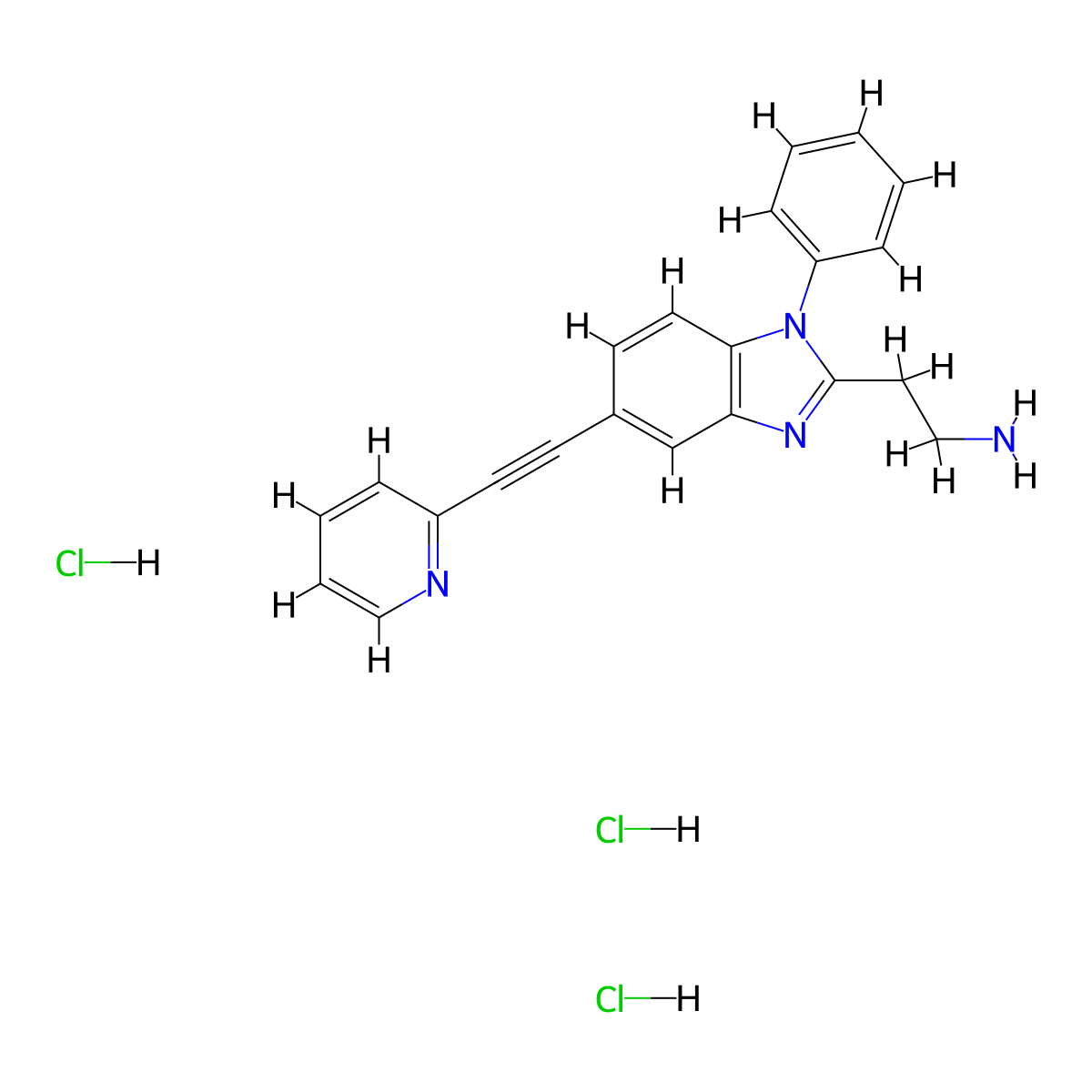 2-{1-phenyl-5-[2-(pyridin-2-yl)ethynyl]-1H-1,3-benzodiazol-2-yl}ethan-1-amine trihydrochloride molecular structure, CAS 2763777-01-9
