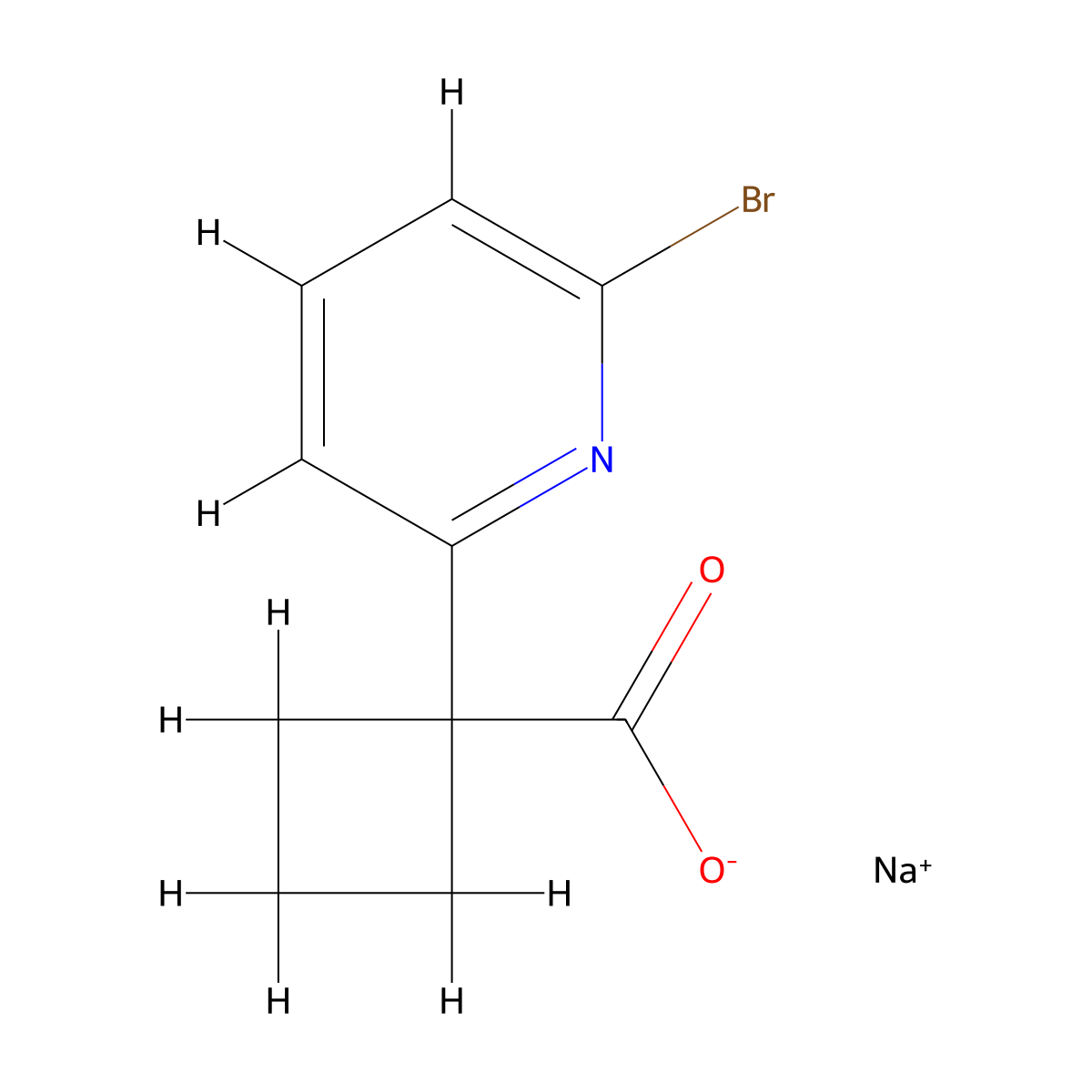 Sodium 1-(6-bromopyridin-2-yl)cyclobutane-1-carboxylate molecular structure, CAS 2763777-40-6
