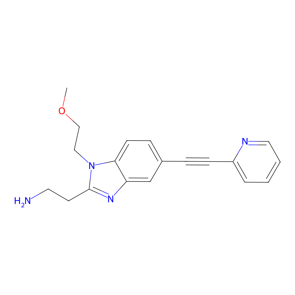 2-[1-(2-methoxyethyl)-5-[2-(pyridin-2-yl)ethynyl]-1H-1,3-benzodiazol-2-yl]ethan-1-amine molecular structure, CAS 2763779-30-0