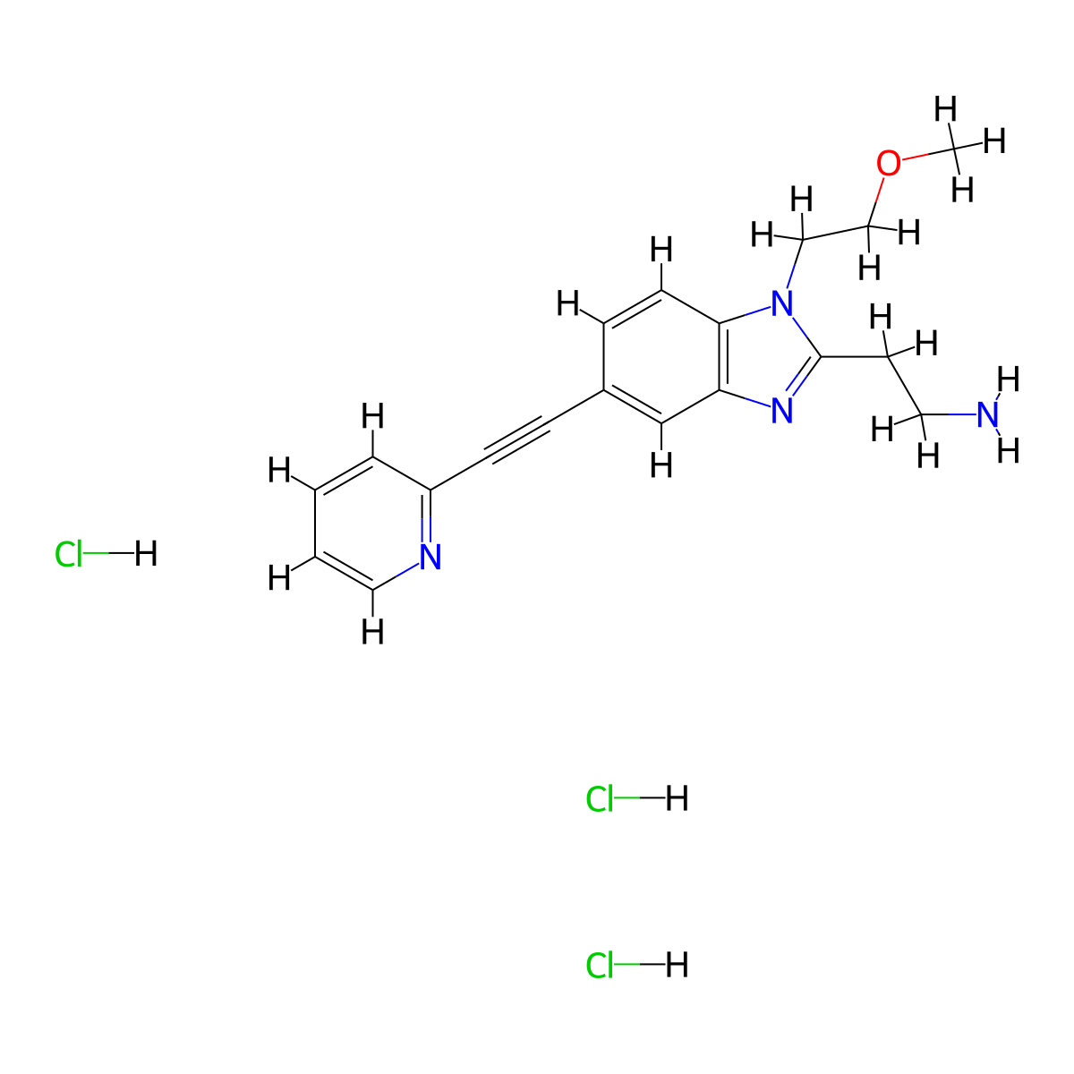 2-[1-(2-methoxyethyl)-5-[2-(pyridin-2-yl)ethynyl]-1H-1,3-benzodiazol-2-yl]ethan-1-amine trihydrochloride molecular structure, CAS 2763779-31-1