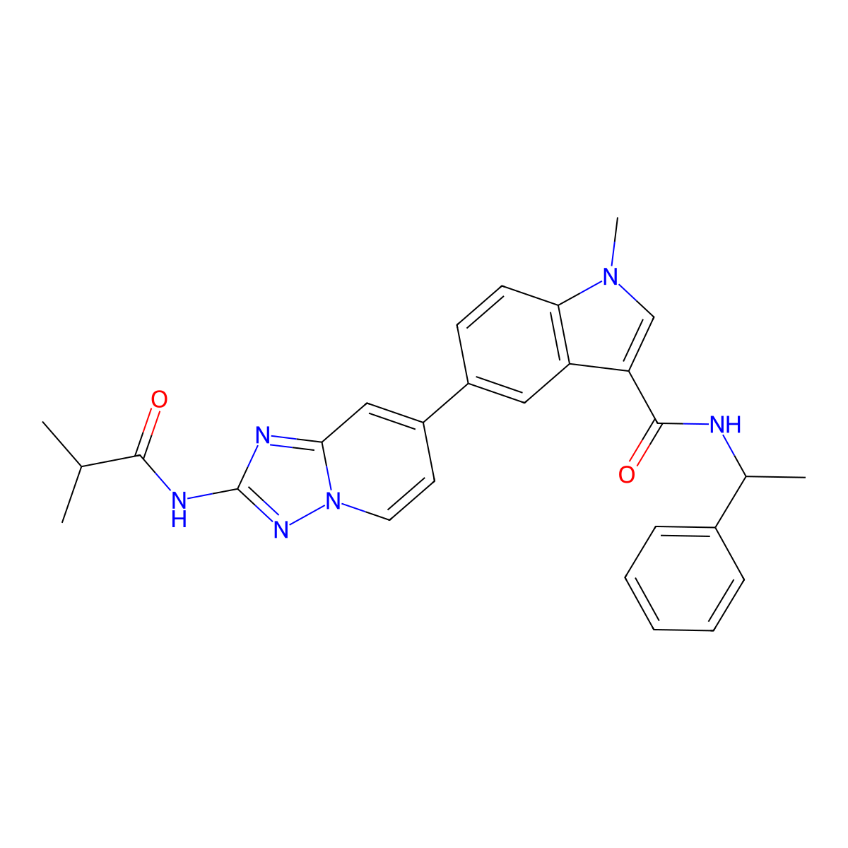1-Methyl-5-[2-(2-methylpropanoylamino)-[1,2,4]triazolo[1,5-a]pyridin-7-yl]-N-(1-phenylethyl)indole-3-carboxamide molecular structure, CAS 2763831-53-2