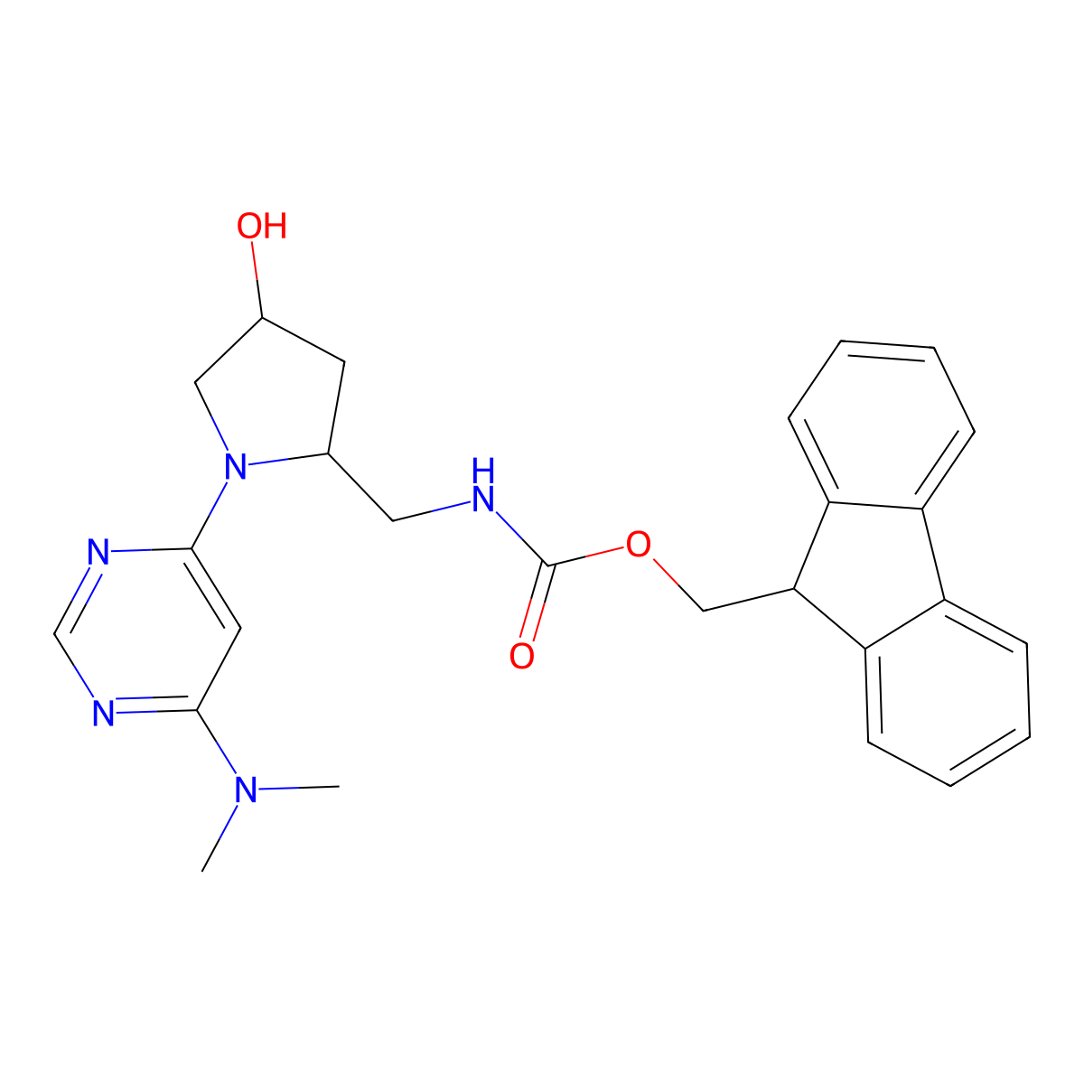 (9H-fluoren-9-yl)methyl N-{[(2R,4R)-1-[6-(dimethylamino)pyrimidin-4-yl]-4-hydroxypyrrolidin-2-yl]methyl}carbamate molecular structure, CAS 2763885-05-6