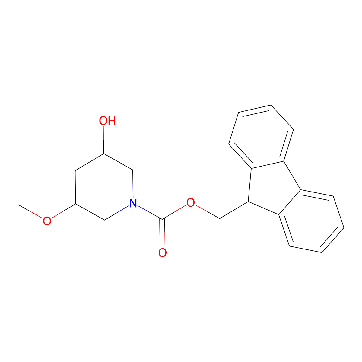 (9H-fluoren-9-yl)methyl (3S,5S)-3-hydroxy-5-methoxypiperidine-1-carboxylate molecular structure, CAS 2763885-85-2