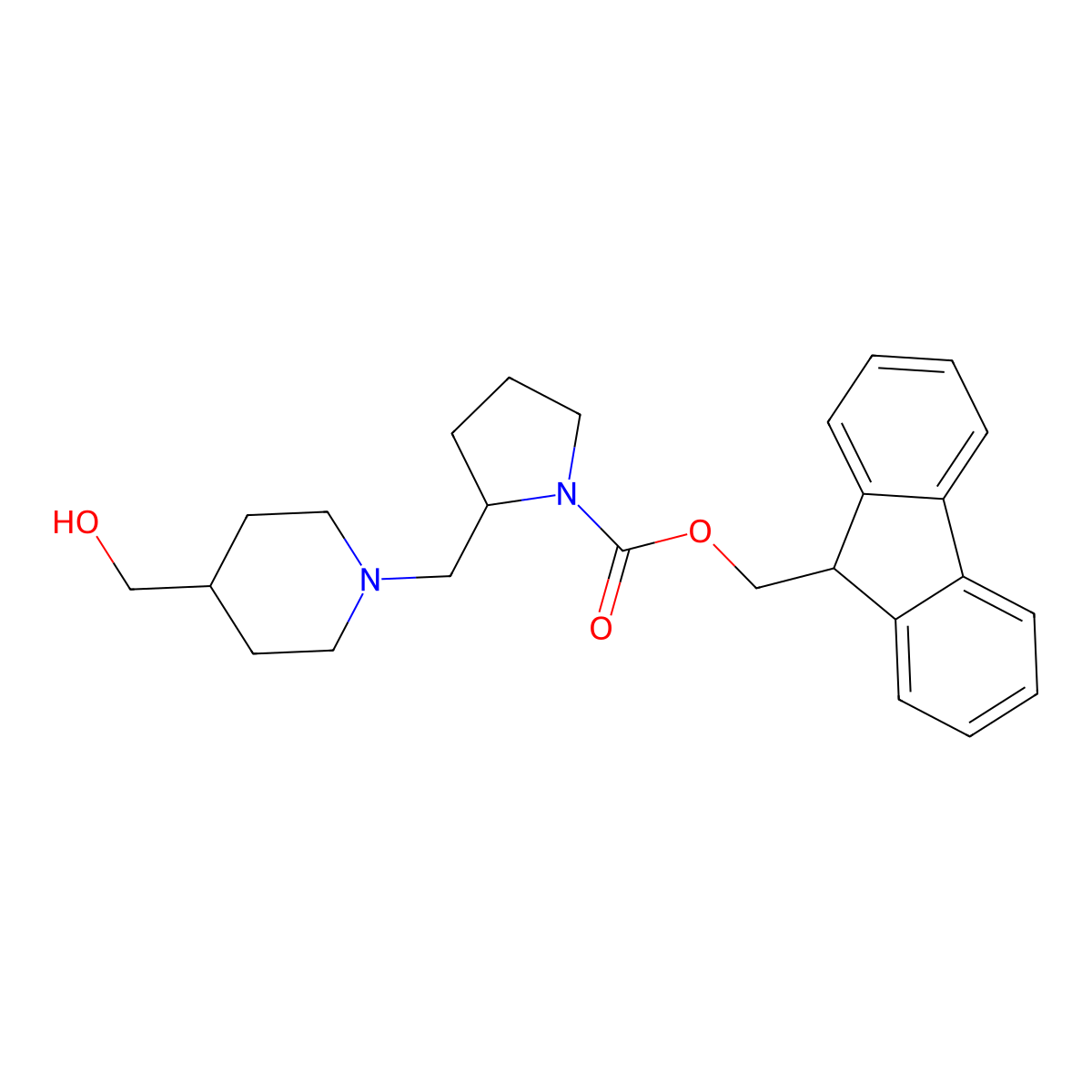 (9H-fluoren-9-yl)methyl (2S)-2-{[4-(hydroxymethyl)piperidin-1-yl]methyl}pyrrolidine-1-carboxylate molecular structure, CAS 2763886-51-5