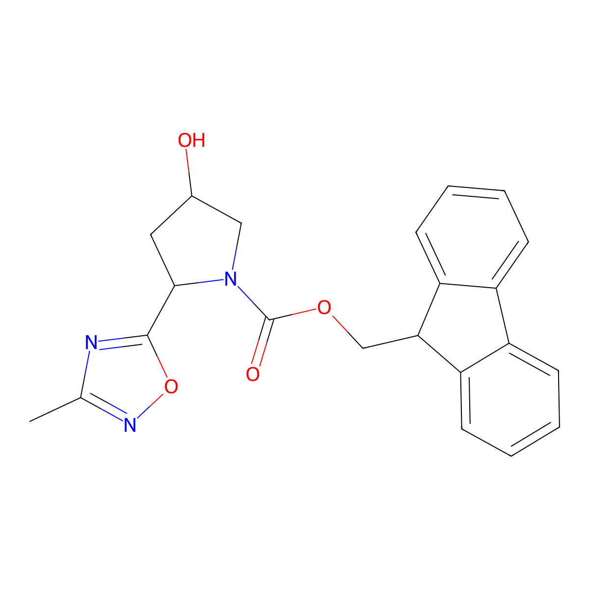 (9H-fluoren-9-yl)methyl (2R,4S)-4-hydroxy-2-(3-methyl-1,2,4-oxadiazol-5-yl)pyrrolidine-1-carboxylate molecular structure, CAS 2763886-56-0