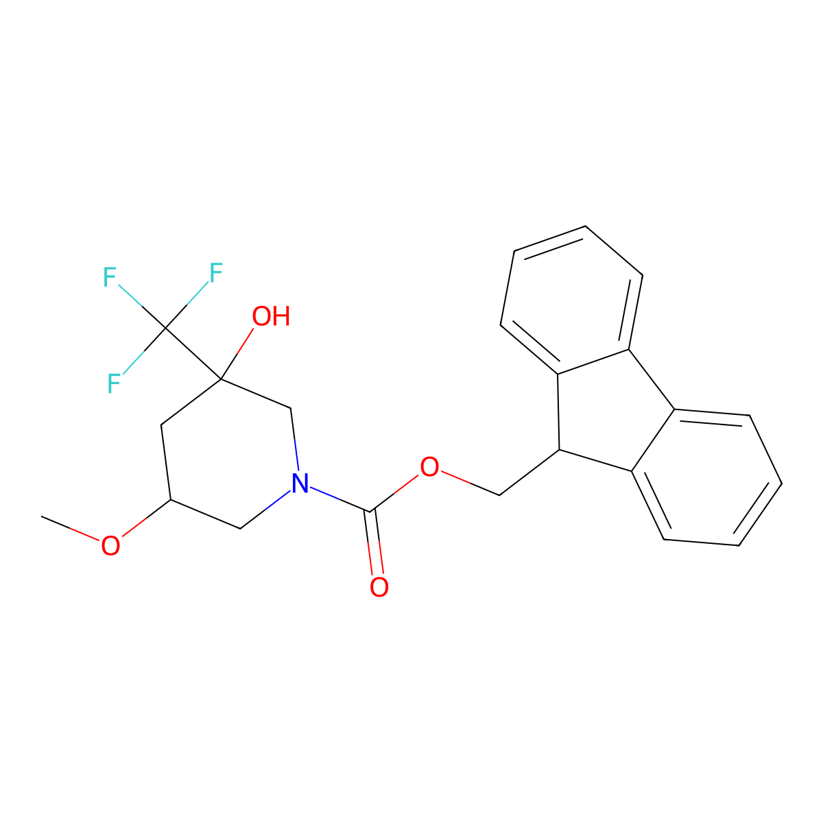 (9H-fluoren-9-yl)methyl (3R,5S)-3-hydroxy-5-methoxy-3-(trifluoromethyl)piperidine-1-carboxylate molecular structure, CAS 2763887-89-2