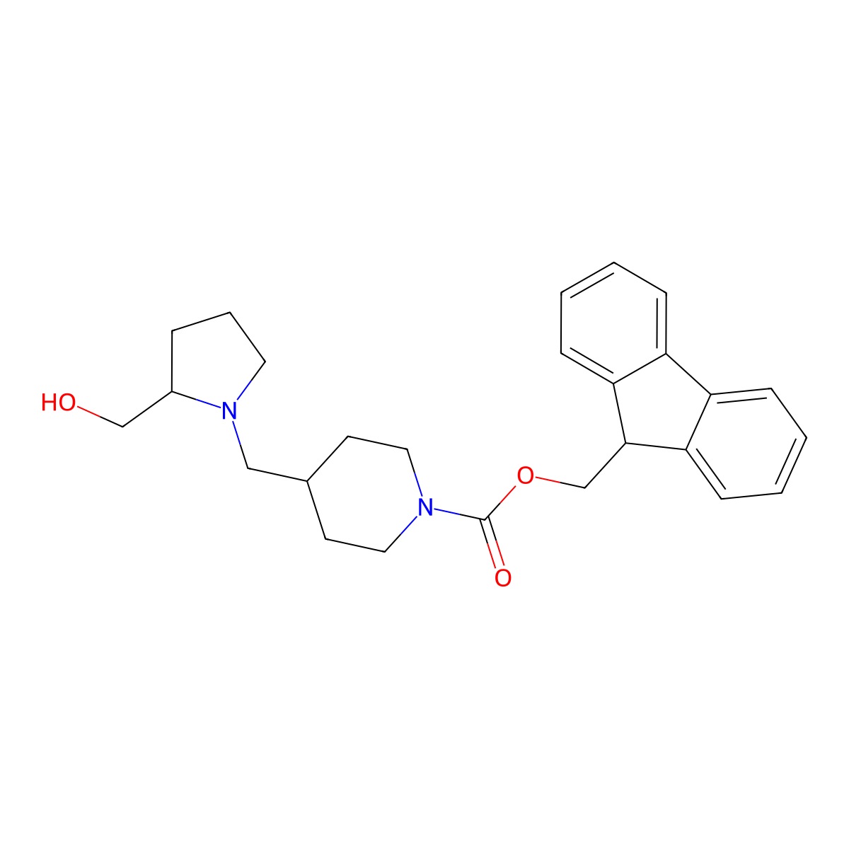 (9H-fluoren-9-yl)methyl 4-{[(2R)-2-(hydroxymethyl)pyrrolidin-1-yl]methyl}piperidine-1-carboxylate molecular structure, CAS 2763887-90-5