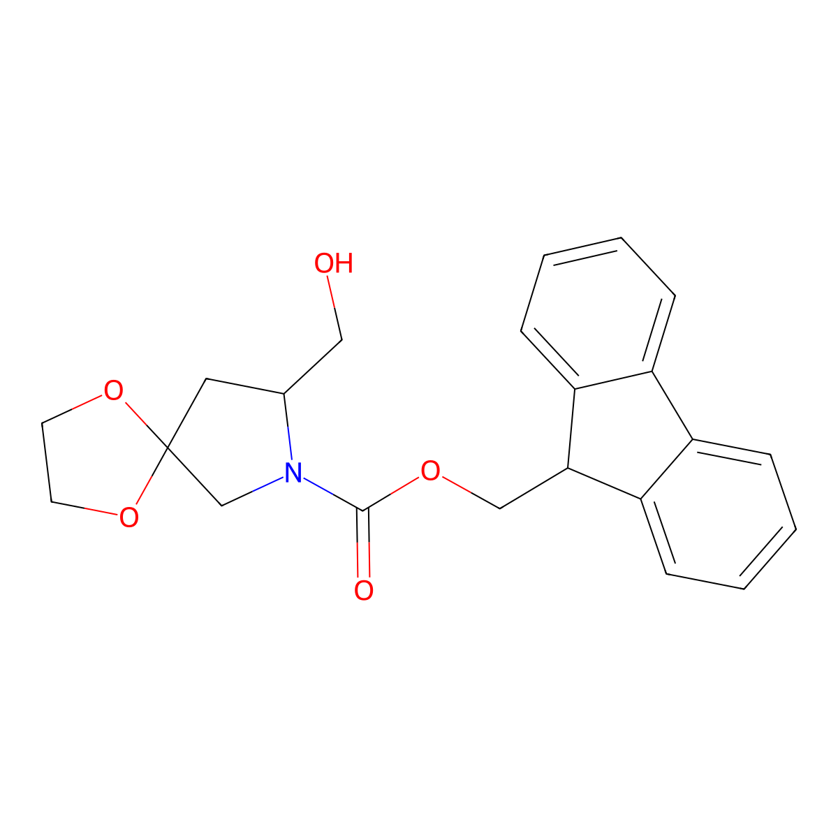 (9H-fluoren-9-yl)methyl (8R)-8-(hydroxymethyl)-1,4-dioxa-7-azaspiro[4.4]nonane-7-carboxylate molecular structure, CAS 2763888-49-7