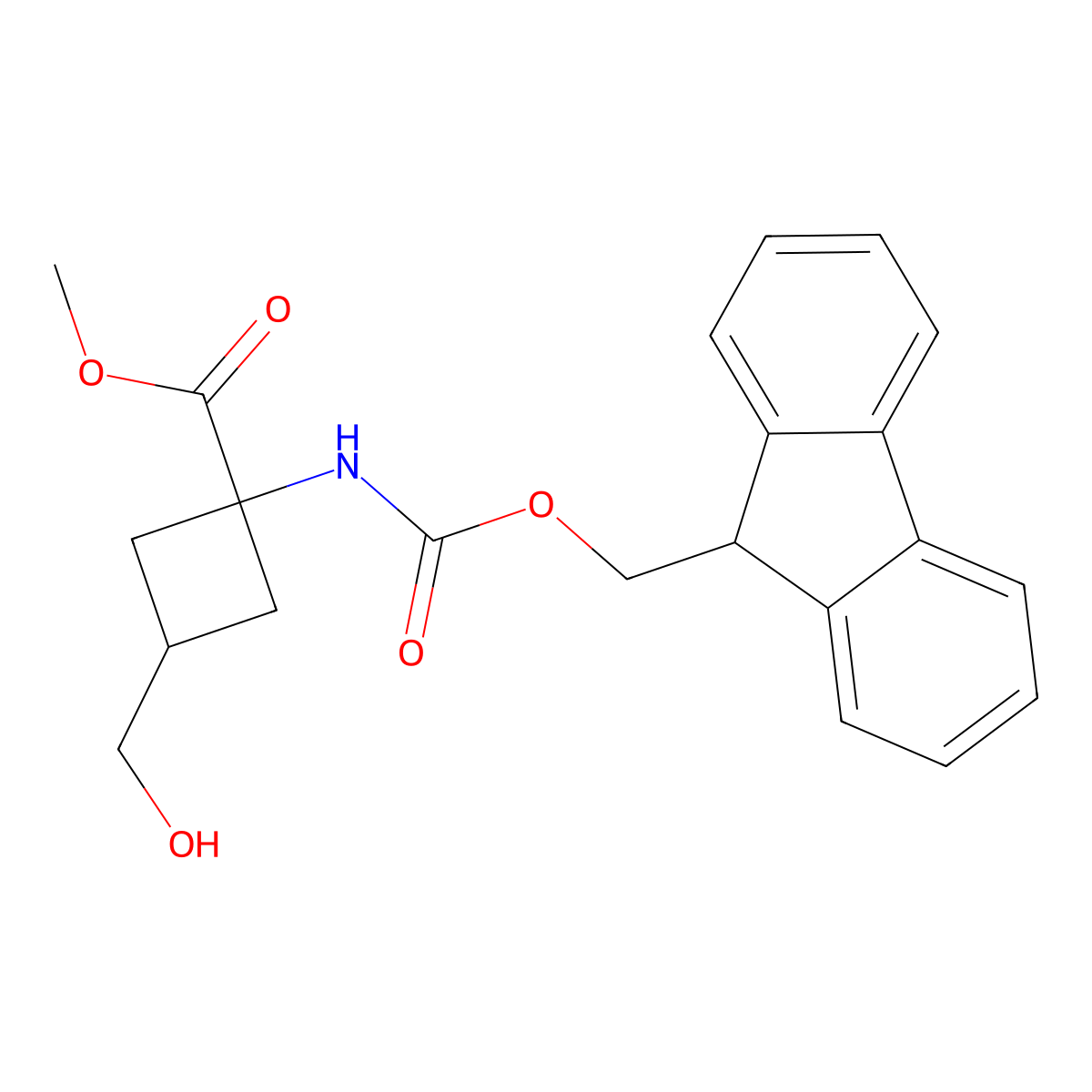 methyl 1-({[(9H-fluoren-9-yl)methoxy]carbonyl}amino)-3-(hydroxymethyl)cyclobutane-1-carboxylate molecular structure, CAS 2763888-54-4