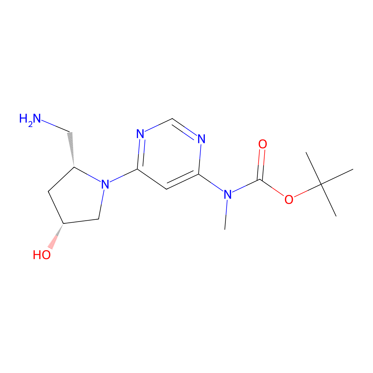 tert-butyl N-{6-[(2R,4R)-2-(aminomethyl)-4-hydroxypyrrolidin-1-yl]pyrimidin-4-yl}-N-methylcarbamate molecular structure, CAS 2763889-99-0