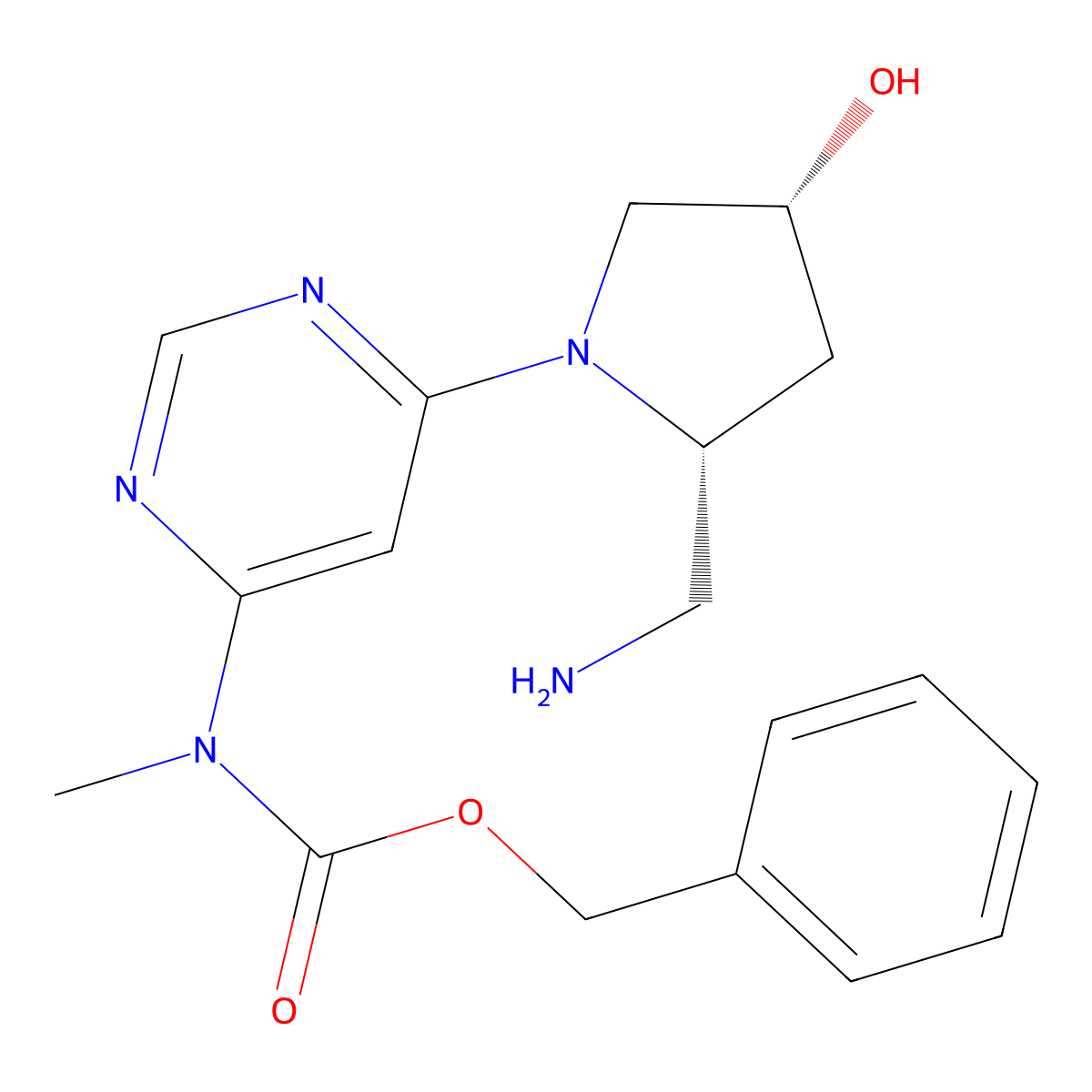 benzyl N-{6-[(2R,4R)-2-(aminomethyl)-4-hydroxypyrrolidin-1-yl]pyrimidin-4-yl}-N-methylcarbamate molecular structure, CAS 2763890-09-9