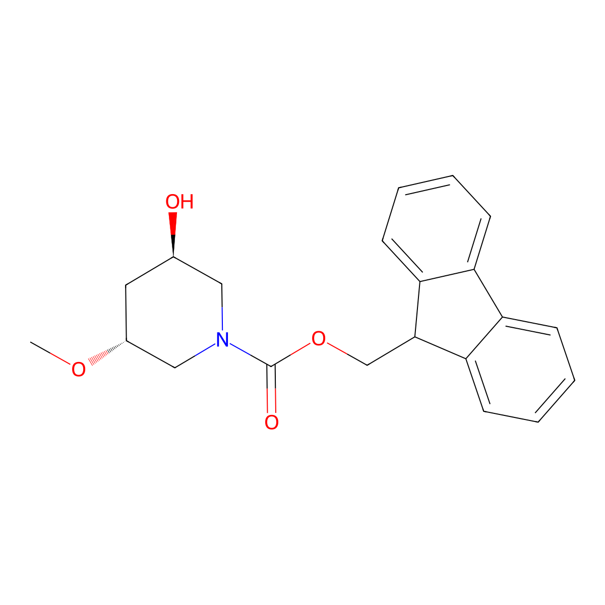 (9H-fluoren-9-yl)methyl (3R,5R)-3-hydroxy-5-methoxypiperidine-1-carboxylate molecular structure, CAS 2763890-38-4