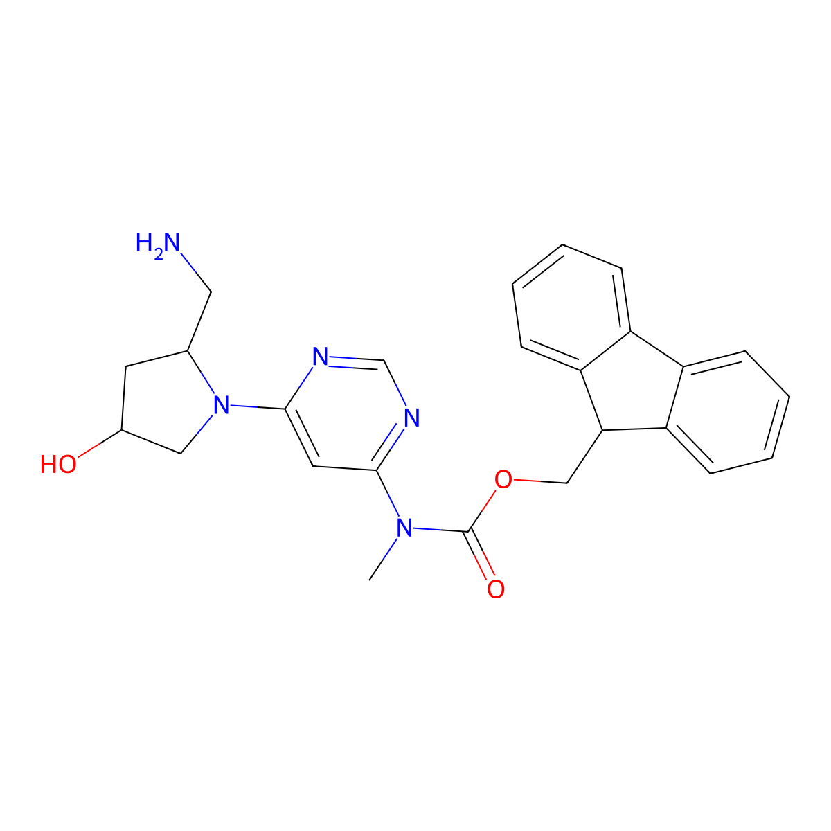 (9H-fluoren-9-yl)methyl N-{6-[(2R,4R)-2-(aminomethyl)-4-hydroxypyrrolidin-1-yl]pyrimidin-4-yl}-N-methylcarbamate molecular structure, CAS 2763890-99-7