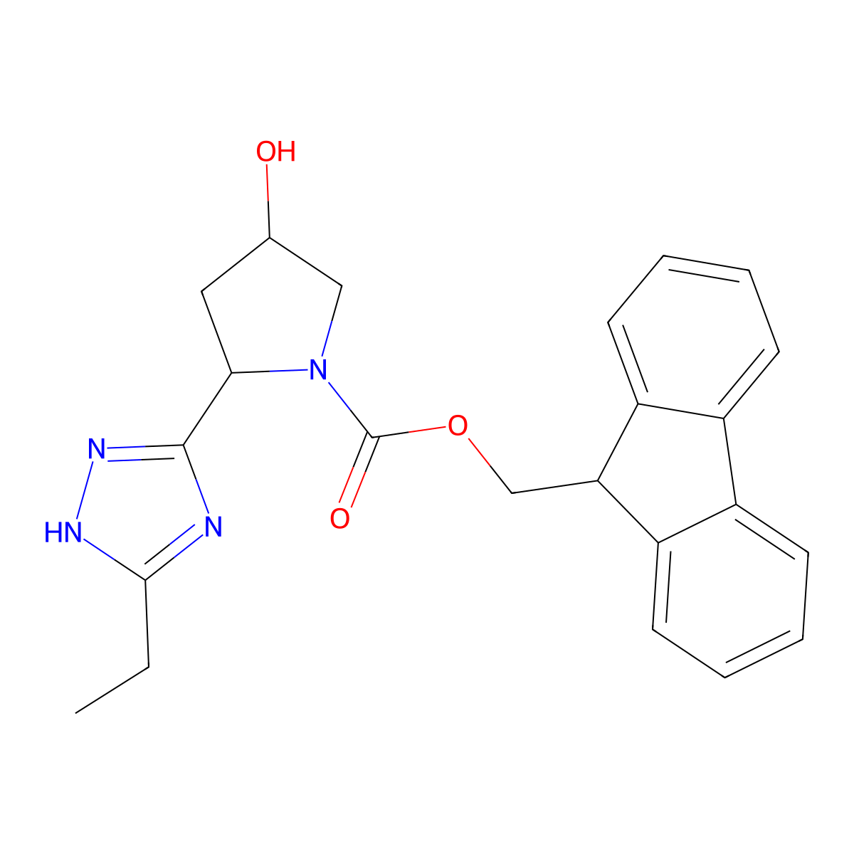 (9H-fluoren-9-yl)methyl (2S,4R)-2-(5-ethyl-1H-1,2,4-triazol-3-yl)-4-hydroxypyrrolidine-1-carboxylate molecular structure, CAS 2763891-49-0