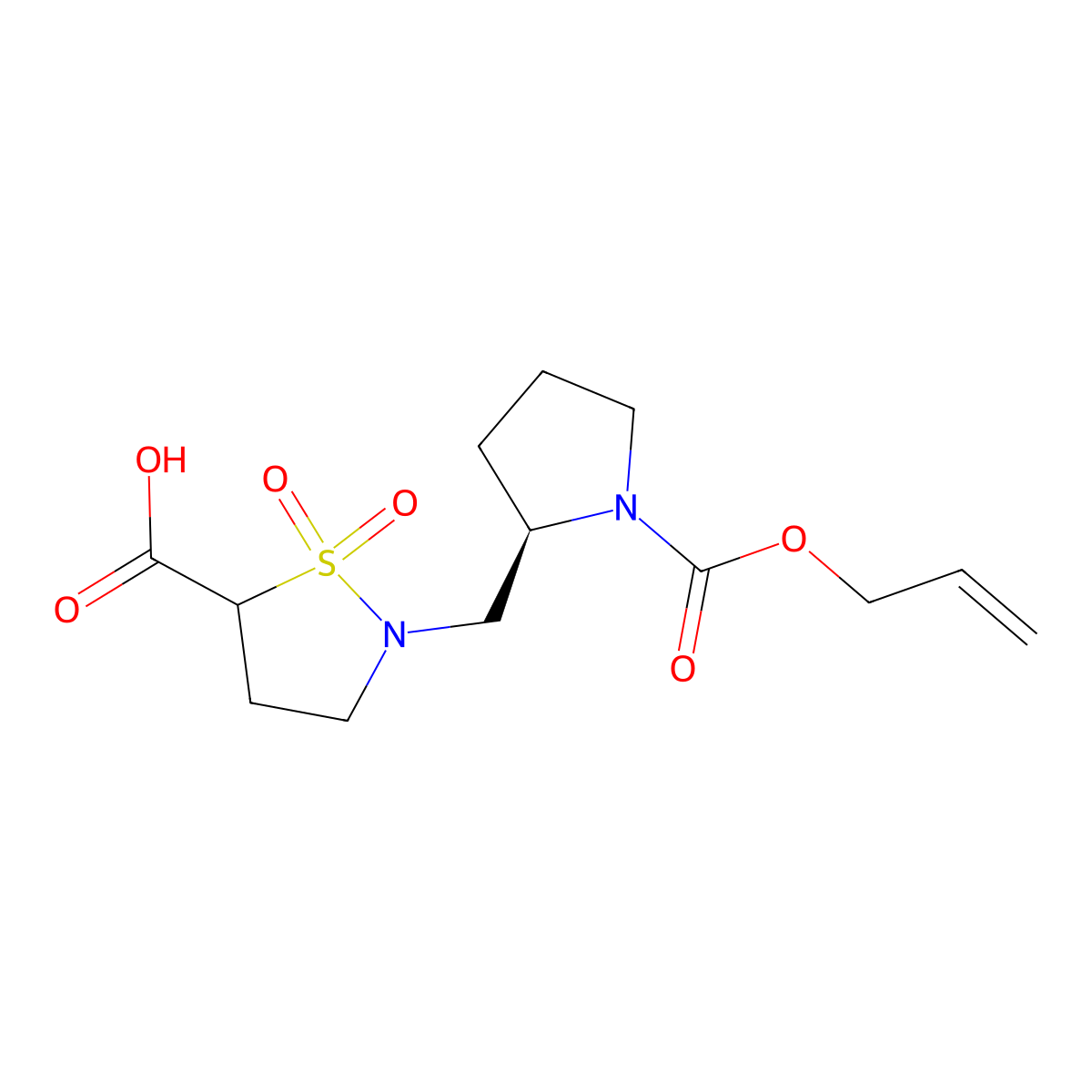 1,1-dioxo-2-{[(2R)-1-[(prop-2-en-1-yloxy)carbonyl]pyrrolidin-2-yl]methyl}-1lambda6,2-thiazolidine-5-carboxylic acid molecular structure, CAS 2763899-09-6