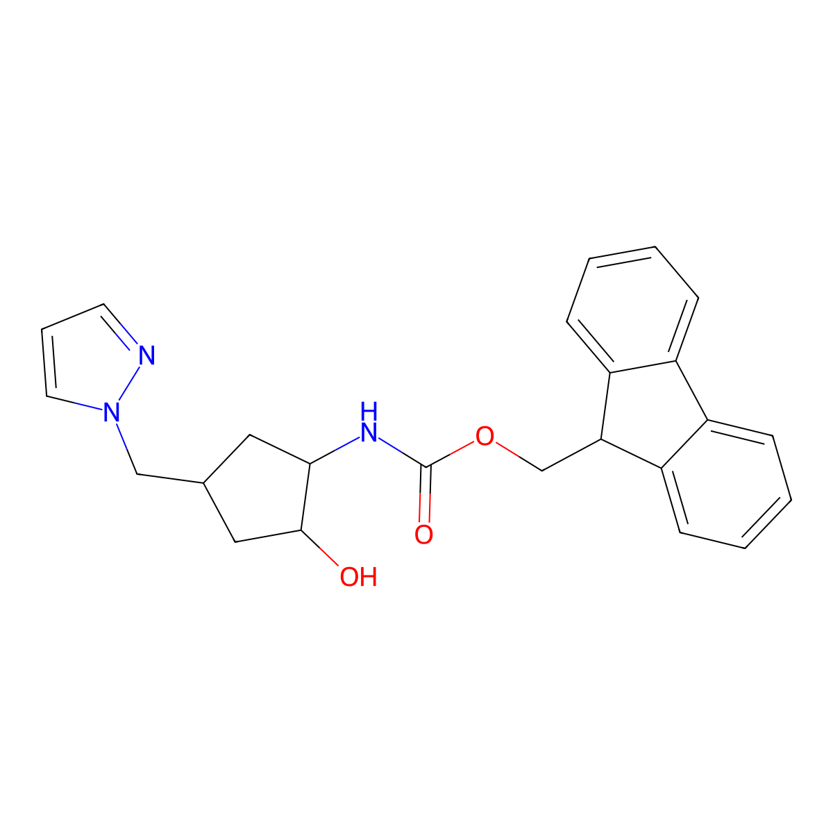 rac-(9H-fluoren-9-yl)methyl N-[(1R,2R)-2-hydroxy-4-[(1H-pyrazol-1-yl)methyl]cyclopentyl]carbamate molecular structure, CAS 2763900-62-3