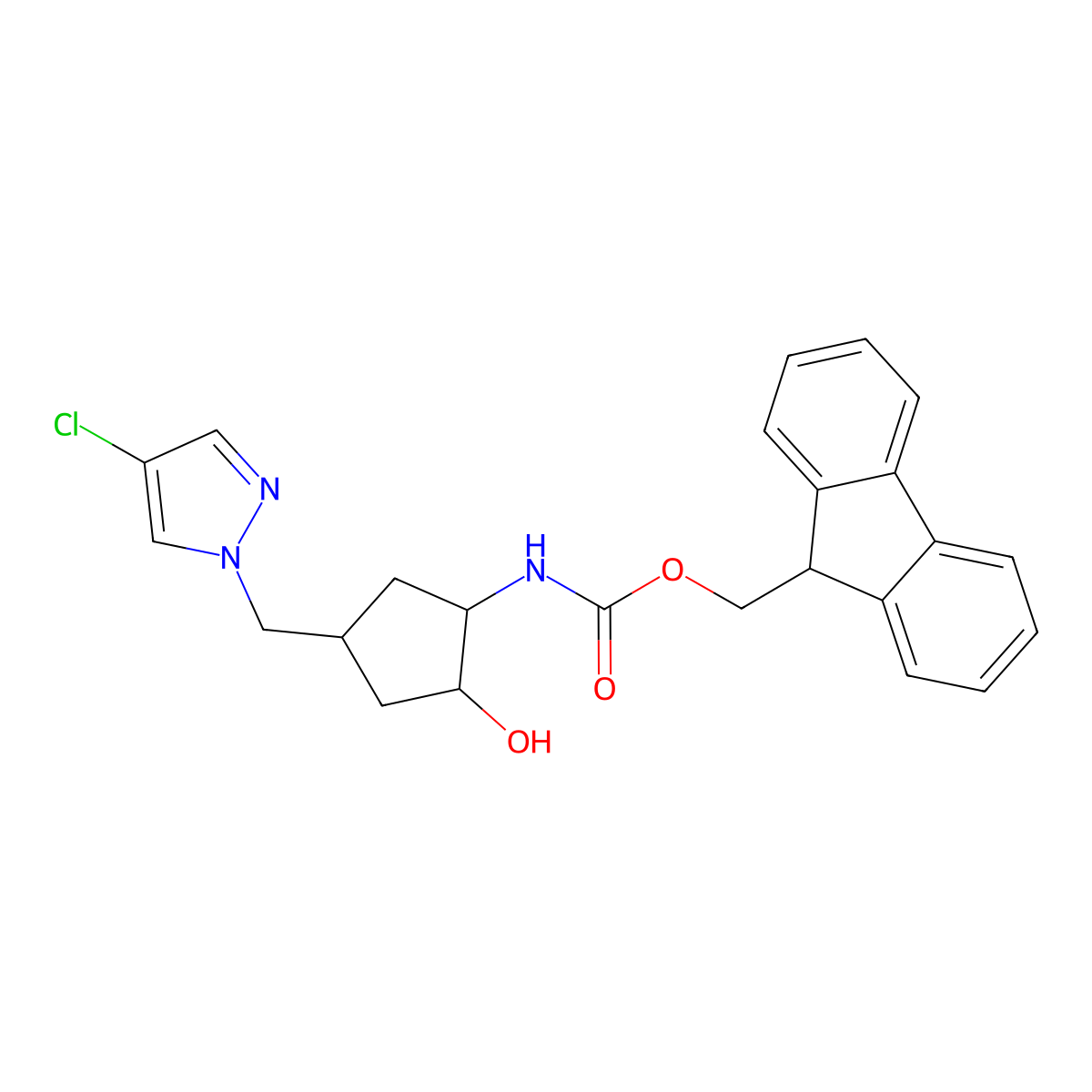 rac-(9H-fluoren-9-yl)methyl N-[(1R,2R)-4-[(4-chloro-1H-pyrazol-1-yl)methyl]-2-hydroxycyclopentyl]carbamate molecular structure, CAS 2763900-74-7