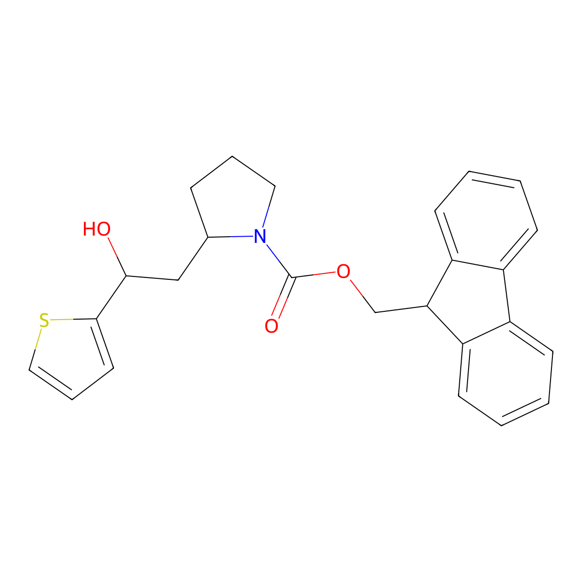 (9H-fluoren-9-yl)methyl 2-[2-hydroxy-2-(thiophen-2-yl)ethyl]pyrrolidine-1-carboxylate molecular structure, CAS 2763902-50-5