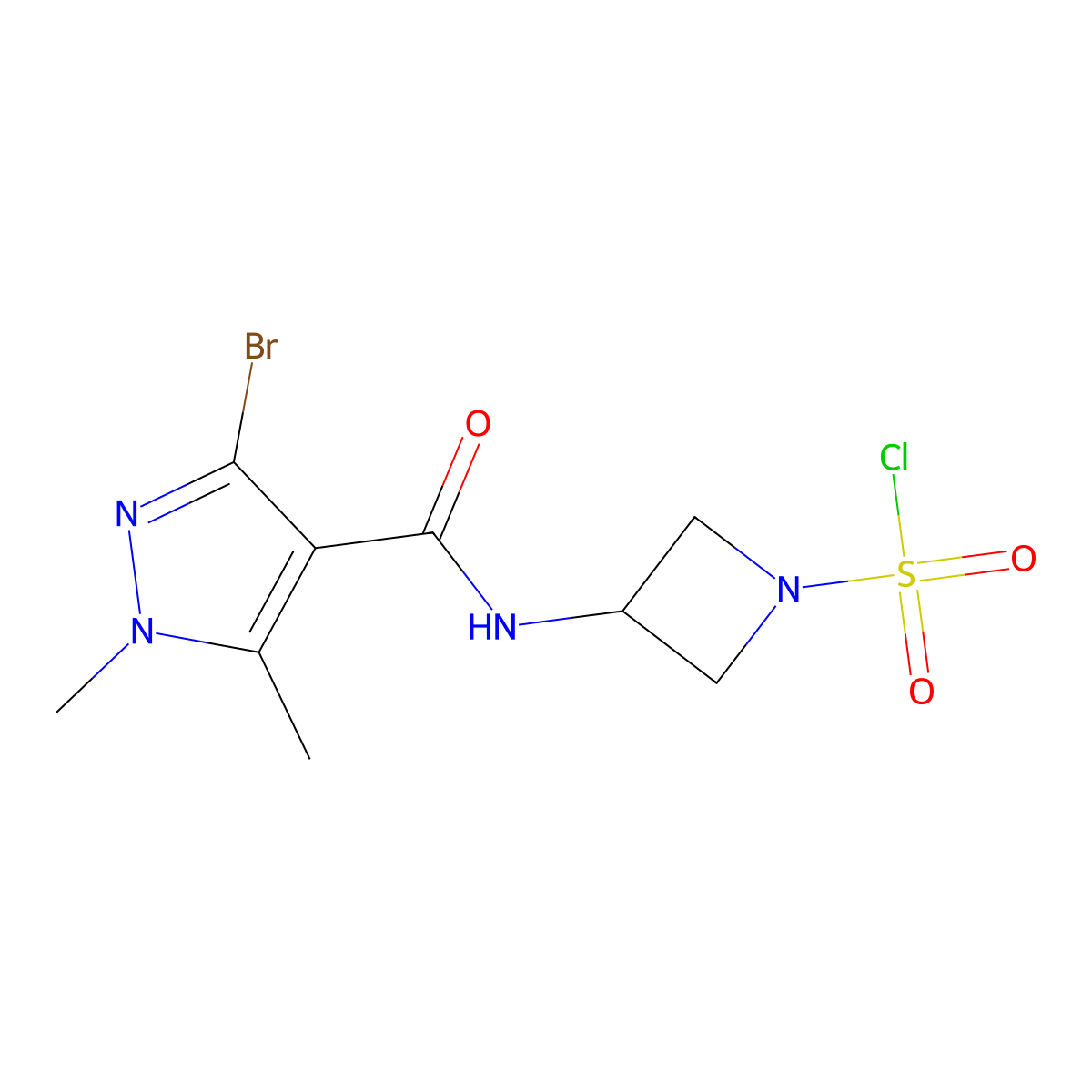 3-(3-bromo-1,5-dimethyl-1H-pyrazole-4-amido)azetidine-1-sulfonyl chloride molecular structure, CAS 2763902-84-5