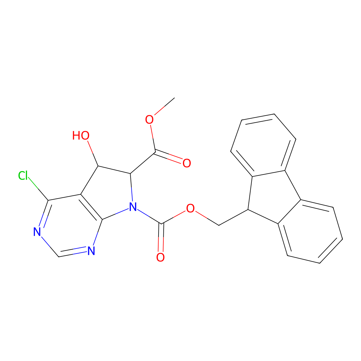 7-(9H-fluoren-9-yl)methyl 6-methyl 4-chloro-5-hydroxy-5H,6H,7H-pyrrolo[2,3-d]pyrimidine-6,7-dicarboxylate molecular structure, CAS 2763903-14-4