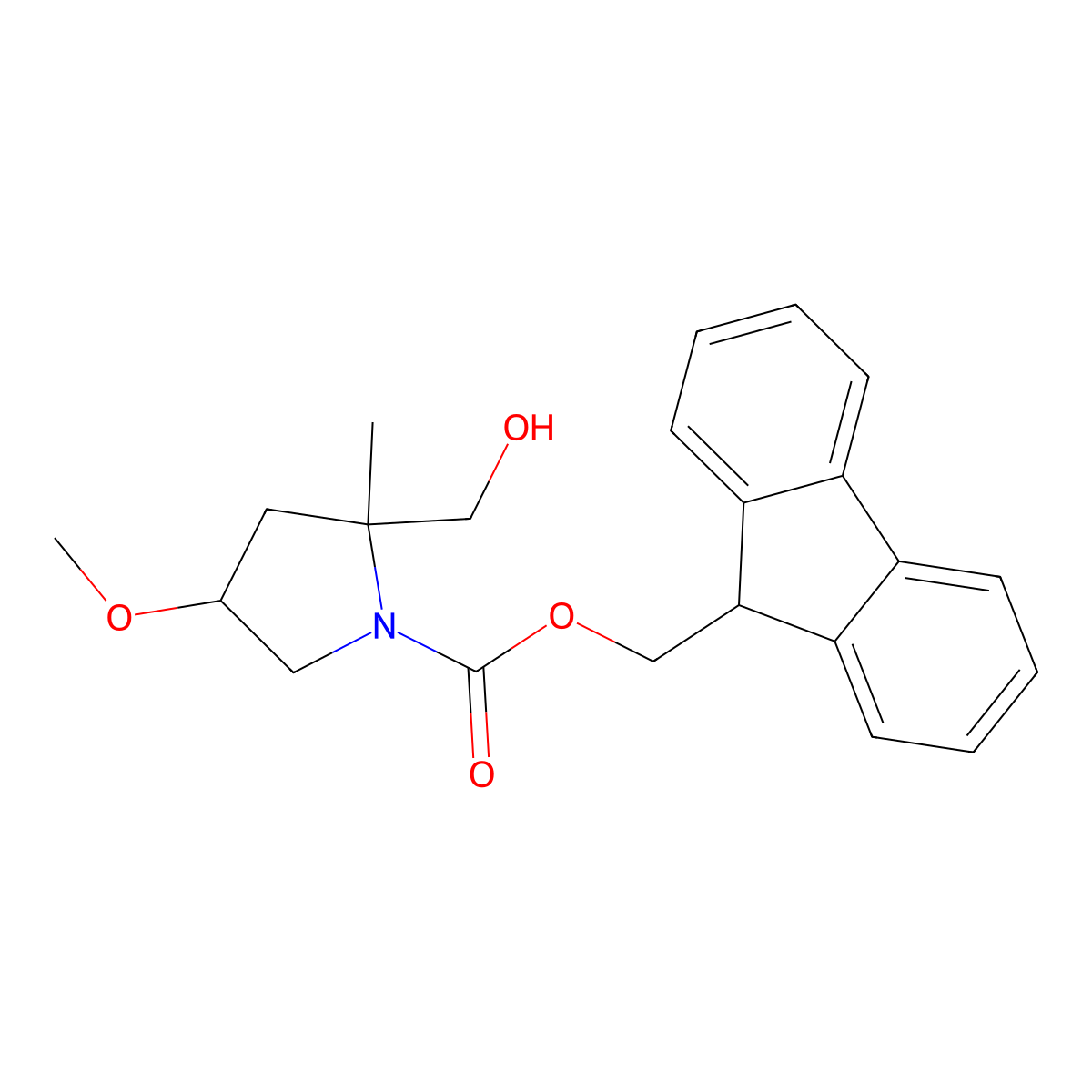 (9H-fluoren-9-yl)methyl 2-(hydroxymethyl)-4-methoxy-2-methylpyrrolidine-1-carboxylate molecular structure, CAS 2763903-43-9