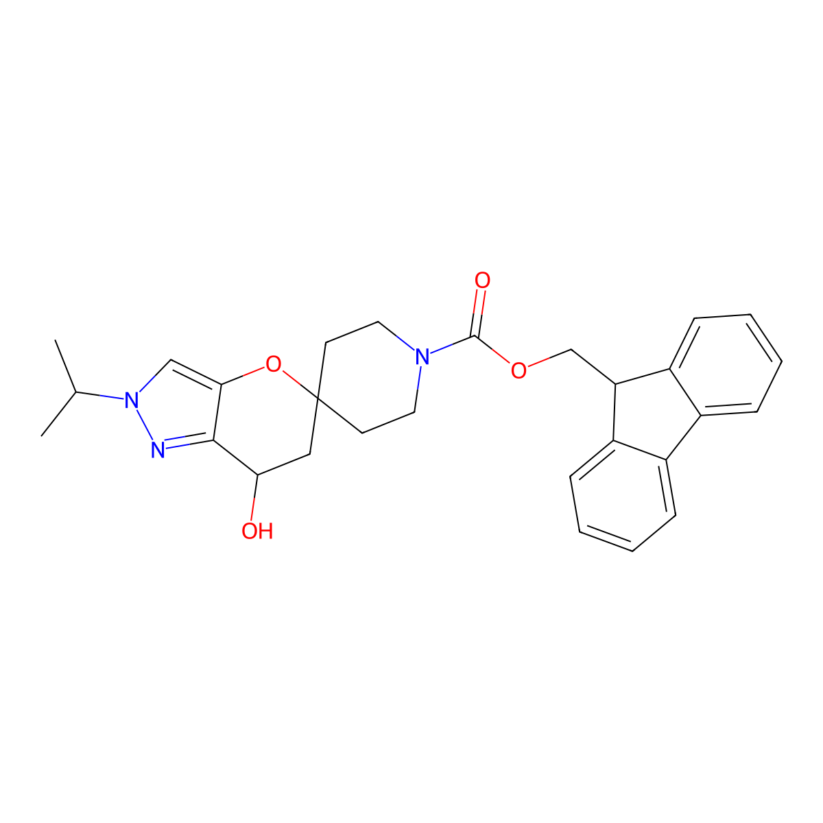(9H-fluoren-9-yl)methyl 7'-hydroxy-2'-(propan-2-yl)-6',7'-dihydro-2'H-spiro[piperidine-4,5'-pyrano[3,2-c]pyrazole]-1-carboxylate molecular structure, CAS 2763903-60-0