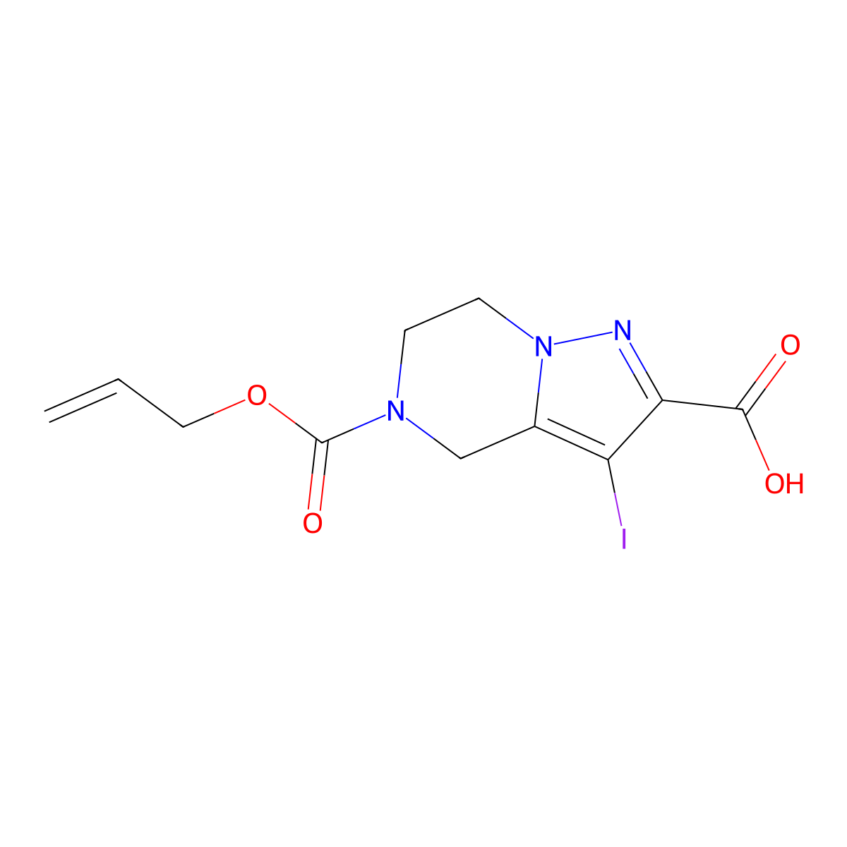 3-iodo-5-[(prop-2-en-1-yloxy)carbonyl]-4H,5H,6H,7H-pyrazolo[1,5-a]pyrazine-2-carboxylic acid molecular structure, CAS 2763905-51-5