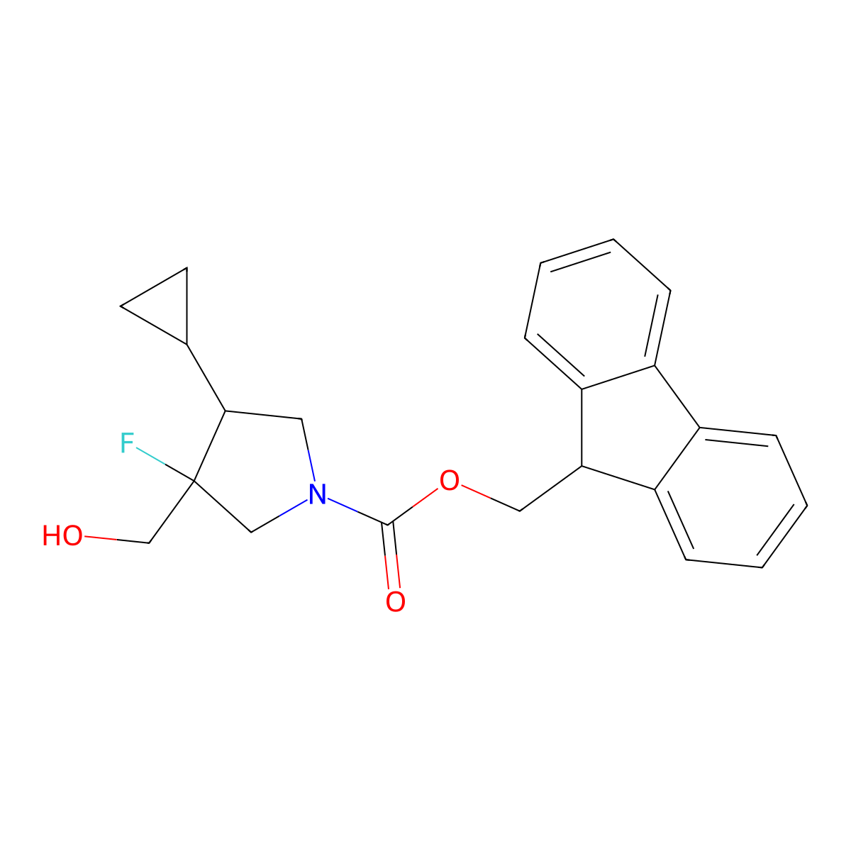 (9H-fluoren-9-yl)methyl 4-cyclopropyl-3-fluoro-3-(hydroxymethyl)pyrrolidine-1-carboxylate molecular structure, CAS 2763905-61-7