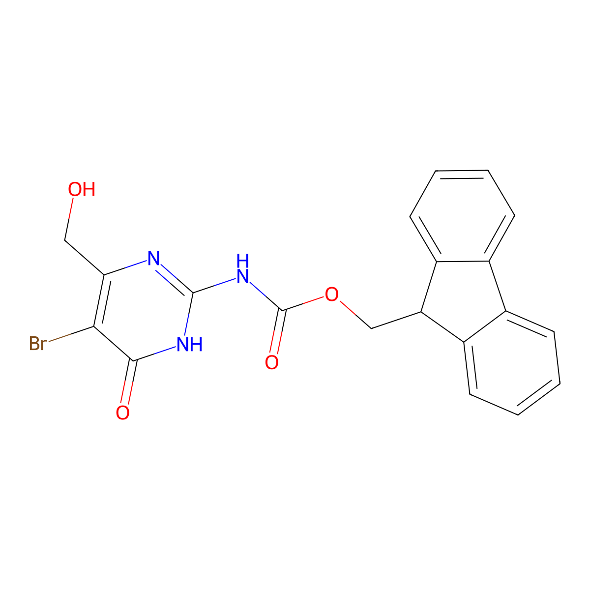 (9H-fluoren-9-yl)methyl N-[5-bromo-4-(hydroxymethyl)-6-oxo-1,6-dihydropyrimidin-2-yl]carbamate molecular structure, CAS 2763905-94-6
