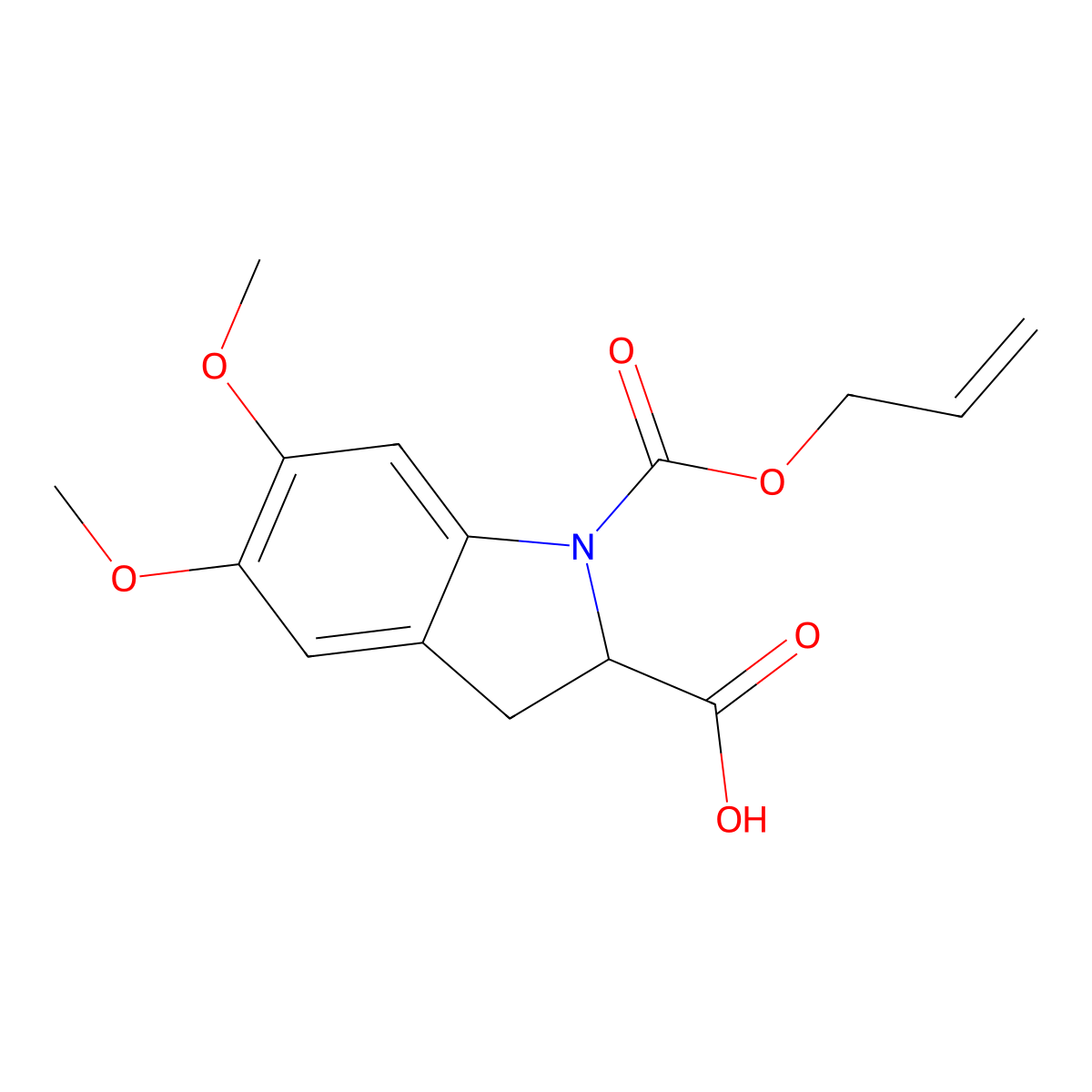 5,6-dimethoxy-1-[(prop-2-en-1-yloxy)carbonyl]-2,3-dihydro-1H-indole-2-carboxylic acid molecular structure, CAS 2763906-15-4