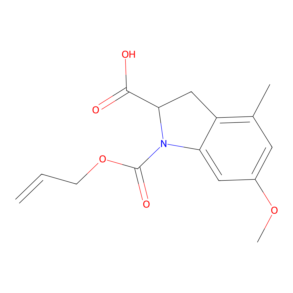 6-methoxy-4-methyl-1-[(prop-2-en-1-yloxy)carbonyl]-2,3-dihydro-1H-indole-2-carboxylic acid molecular structure, CAS 2763906-78-9