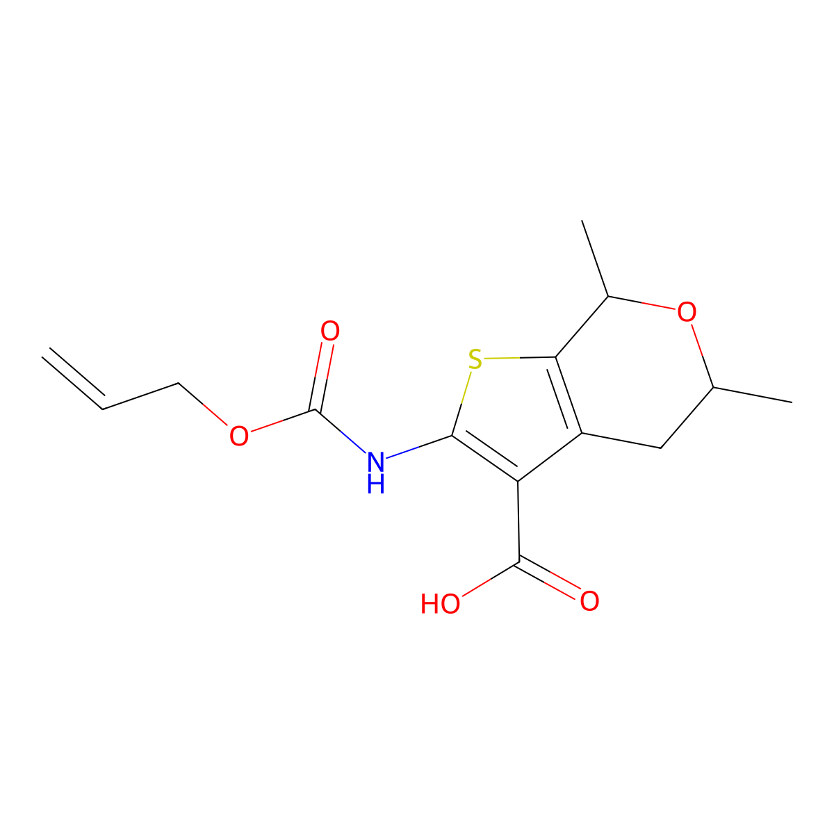 5,7-dimethyl-2-{[(prop-2-en-1-yloxy)carbonyl]amino}-4H,5H,7H-thieno[2,3-c]pyran-3-carboxylic acid molecular structure, CAS 2763906-79-0