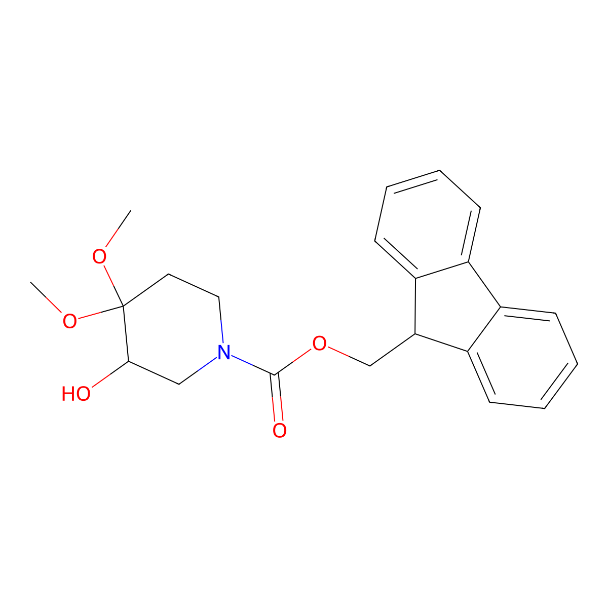 (9H-fluoren-9-yl)methyl 3-hydroxy-4,4-dimethoxypiperidine-1-carboxylate molecular structure, CAS 2763907-09-9